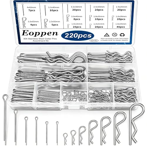 Eoppen 220Pcs Cotter Pins Assortment Kit 304 Stainless Steel 13 Sizes Cotter Pins & R Clips Cotter Pin Set for Hitch Pin Lock Systems