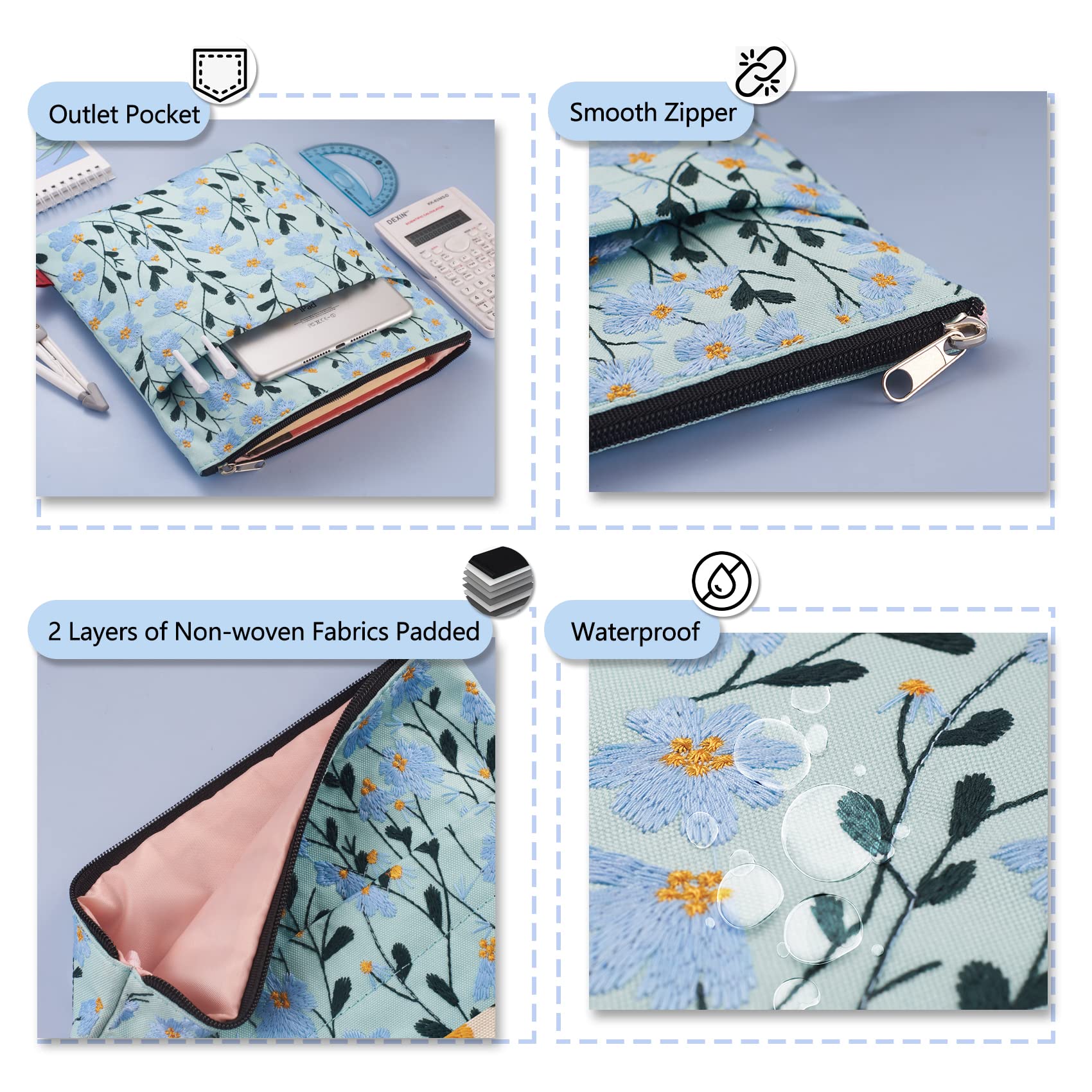 LParkin Daisy Flower Embroidery Book Sleeve with Zipper for Readers Protector Cover Gift for Book Lovers 11x 8.5 Inch Washable Fabric - Image 4