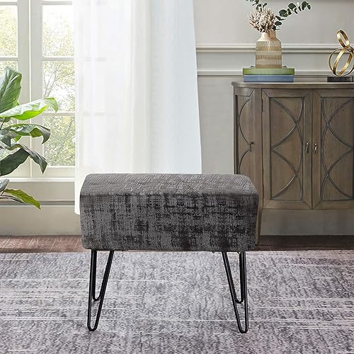 Miniatura 4 de Home Soft Things Otomana otomana de terciopelo texturizado gris, 19 x 13 x 17 pulgadas de alto, color gris campana, banco otomano de entrada mullido