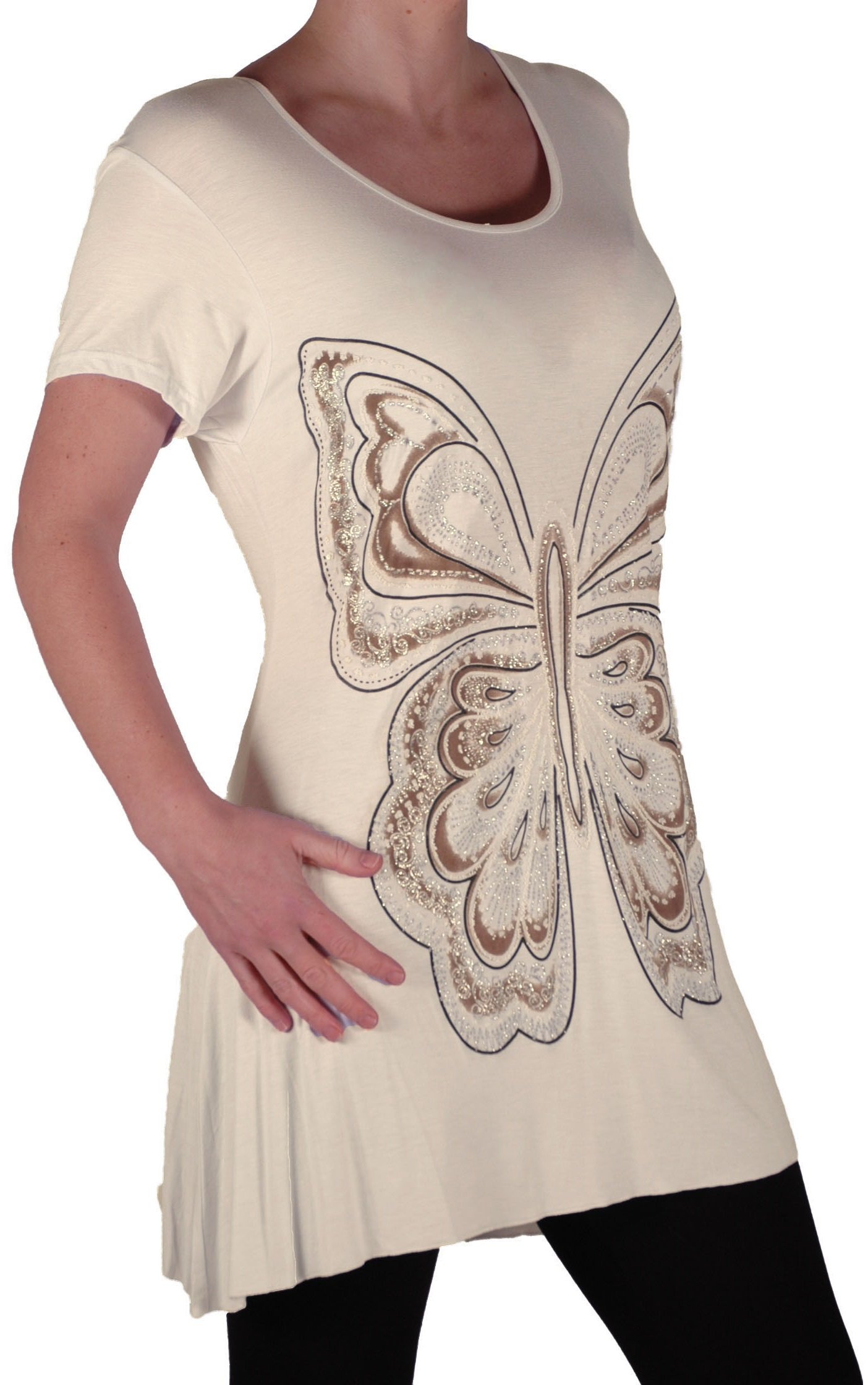 Eye Catch Women's Cream Plus - Butterfly Motif Long Short Sleeve Loose Stretch Top Size 22-24