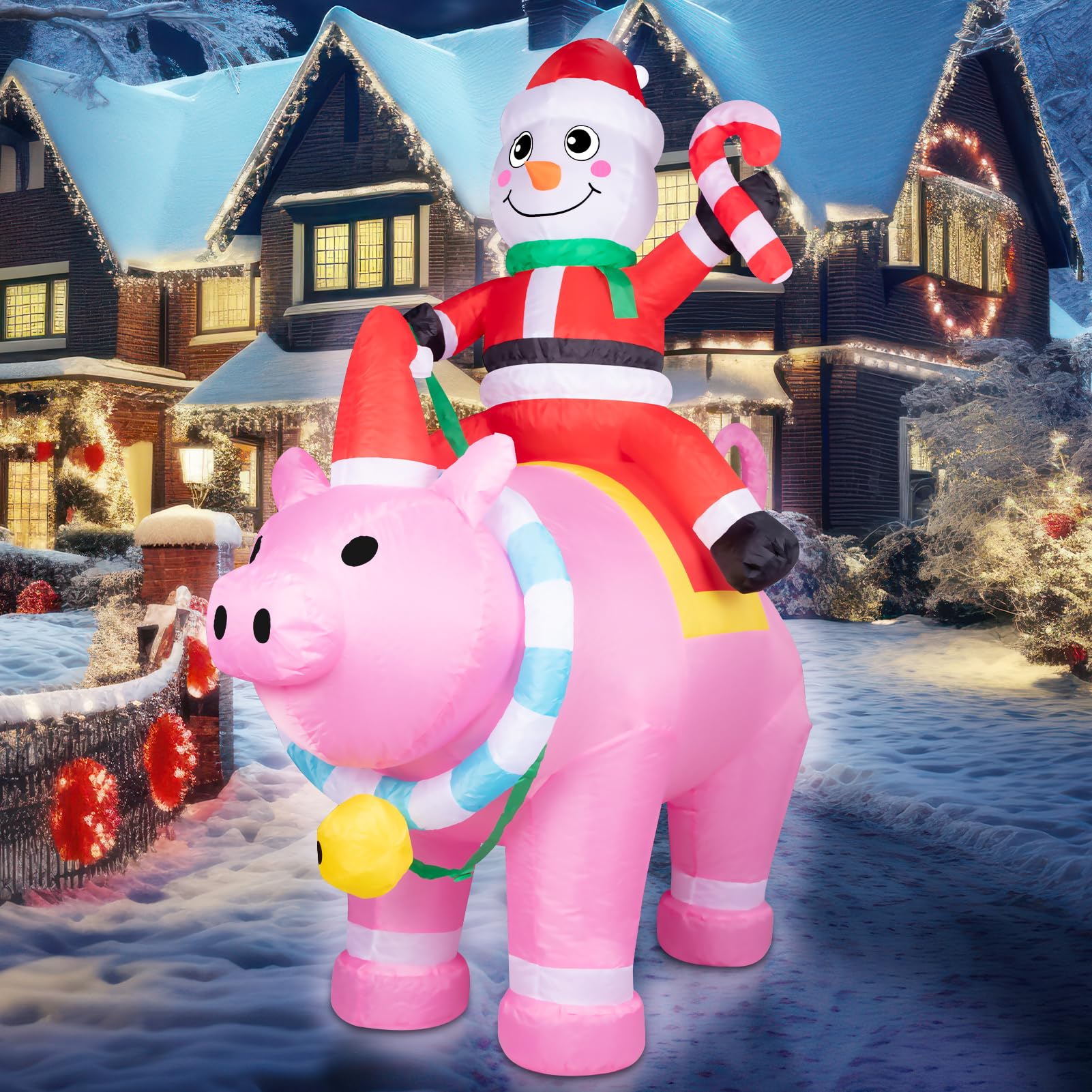 Photo 1 of 7FT Christmas Inflatables Cute Inflatable Christmas Inflatable Santa with Pink Pig Christmas Decorations Outdoor Christmas Blow Up for Yard, Outside, Built-in LED Lights with Tether