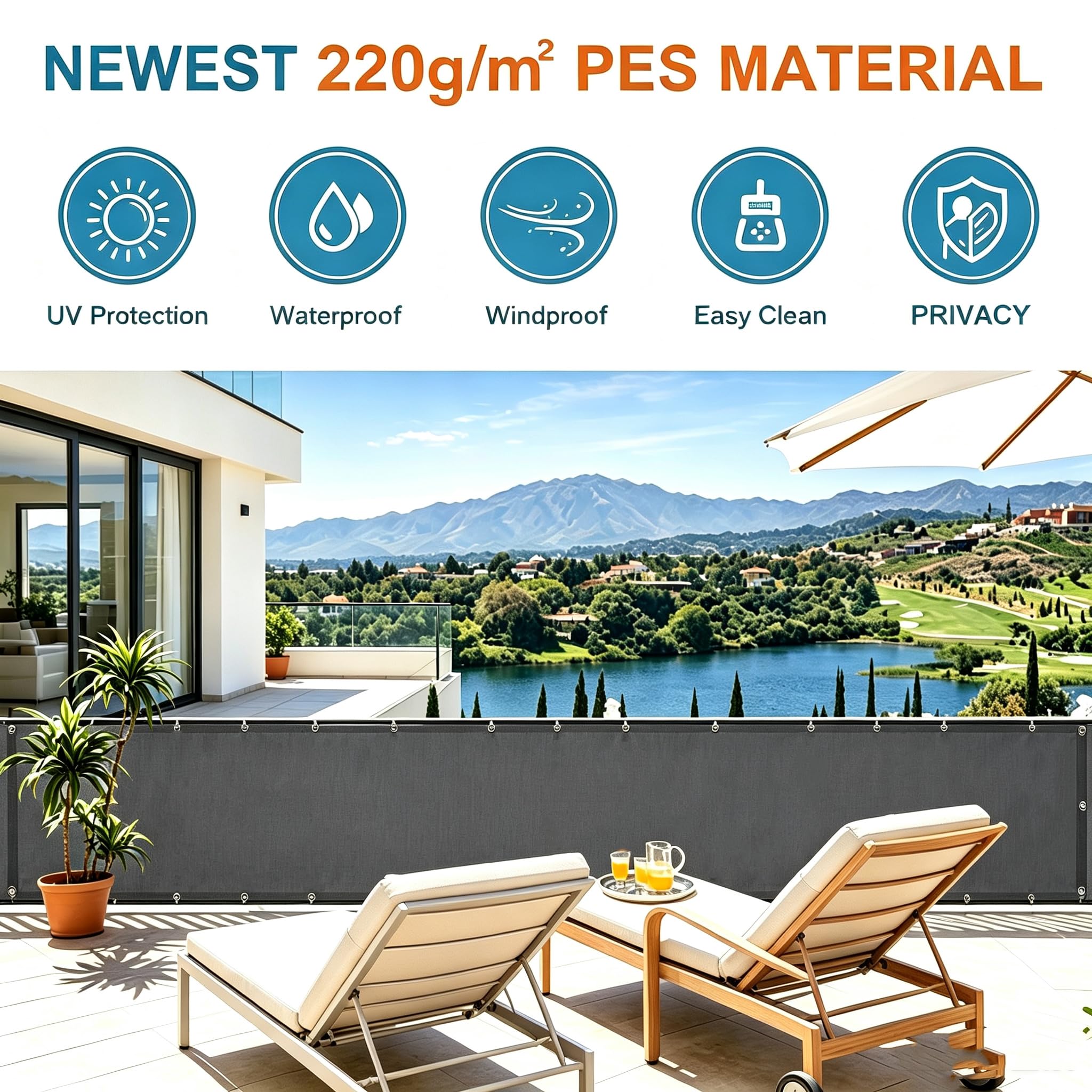 Balkon Sichtschutz 125x650cm Balkonbespannung Blickdicht, Wetterfest und UV-Schutz Balkonverkleidung Balkonbespannung ohne Bohren für Zaun Garten Swimming Pool mit Kabelbinder, Anthrazit