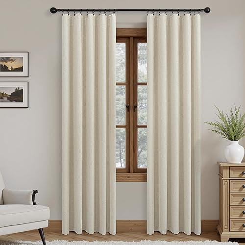 Miniatura 3 de Juego de 2 paneles de cortinas opacas de lino de 84 pulgadas de largo, para sala de estar, casa rural rústica, opacas, aislamiento térmico, bloqueo