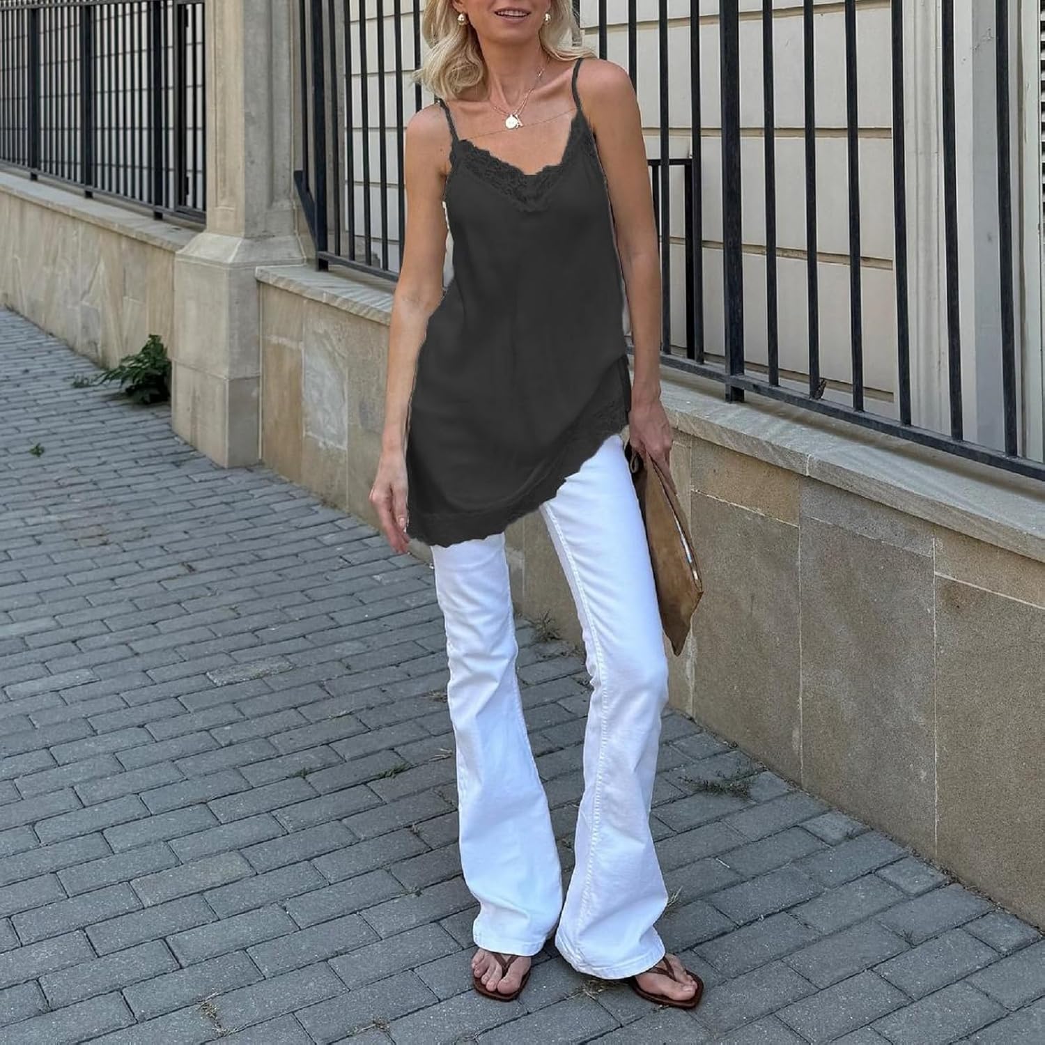 Womens Satin Lace Trim Cami Y2k Spaghetti Strap Silk Lace Tank Top Asymmetrical Flowy Silky Layering Camisole - Image 4