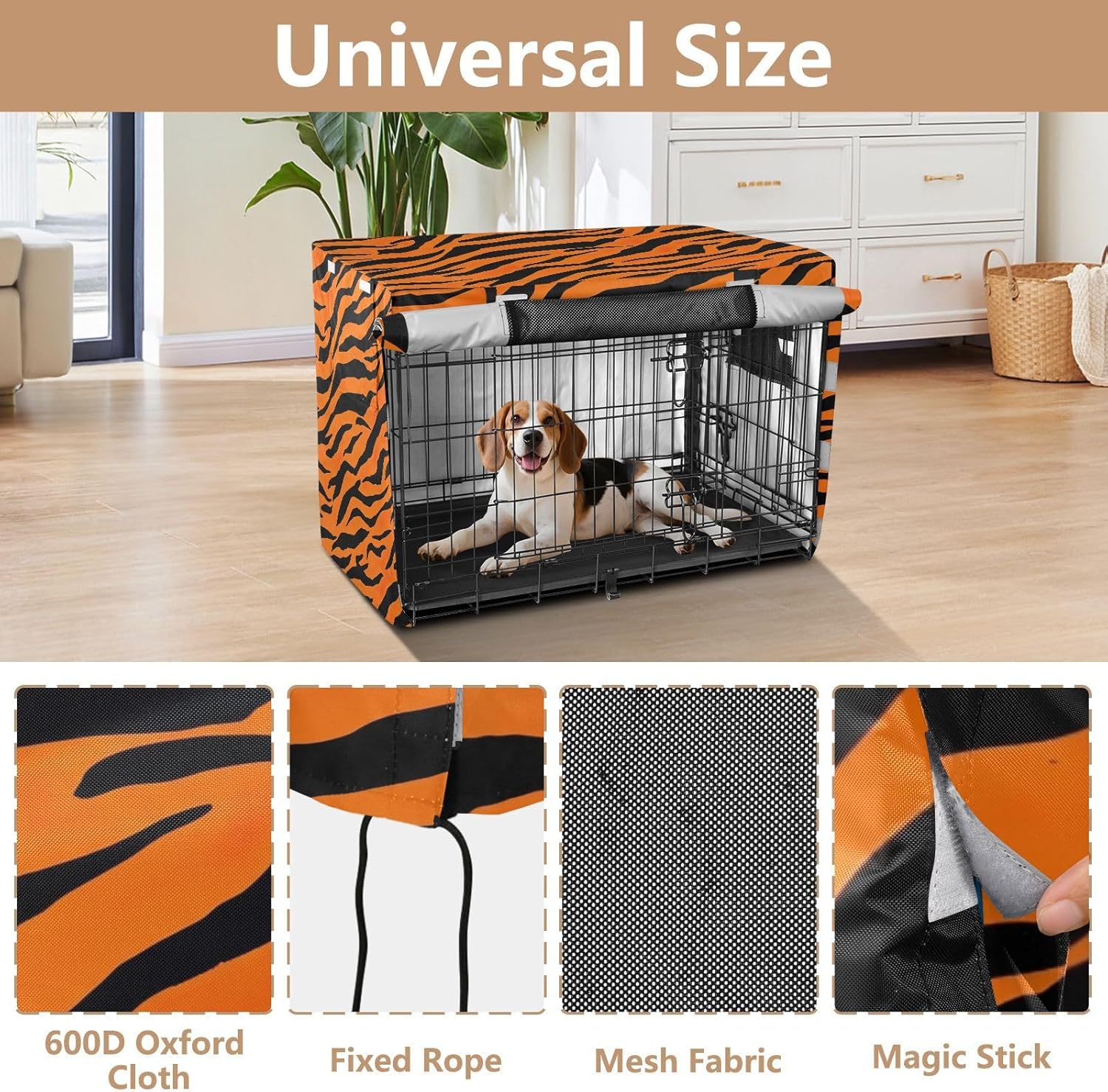 Bold Tigers Stripes Orange Dog Crate Covers S-XL Wind-Resistant Pet Cage Cover with Openings, Reduces Barking, Large