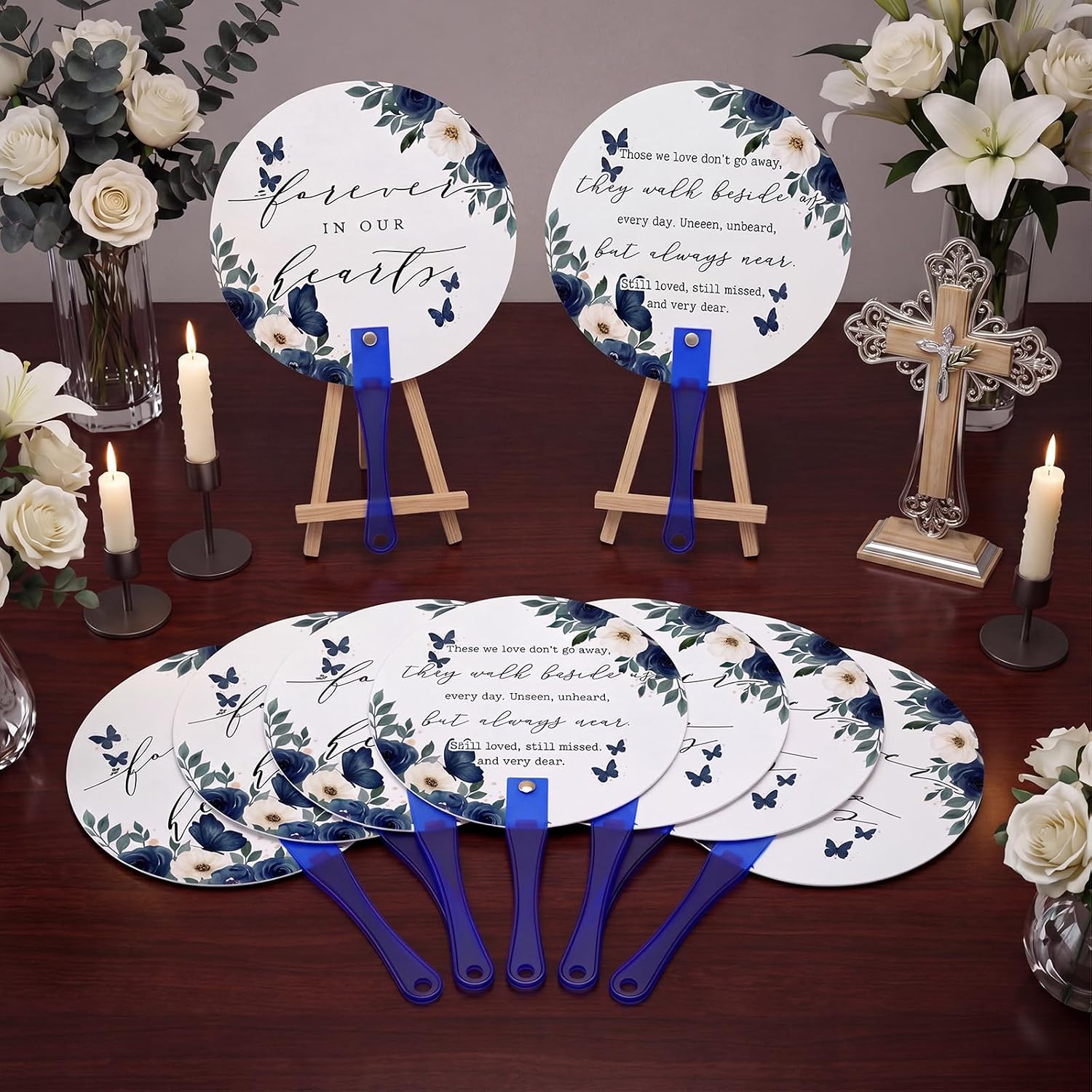 Teling 50 Pcs Funeral Favors Fans for Guests Memorial Handheld Fans, Blue