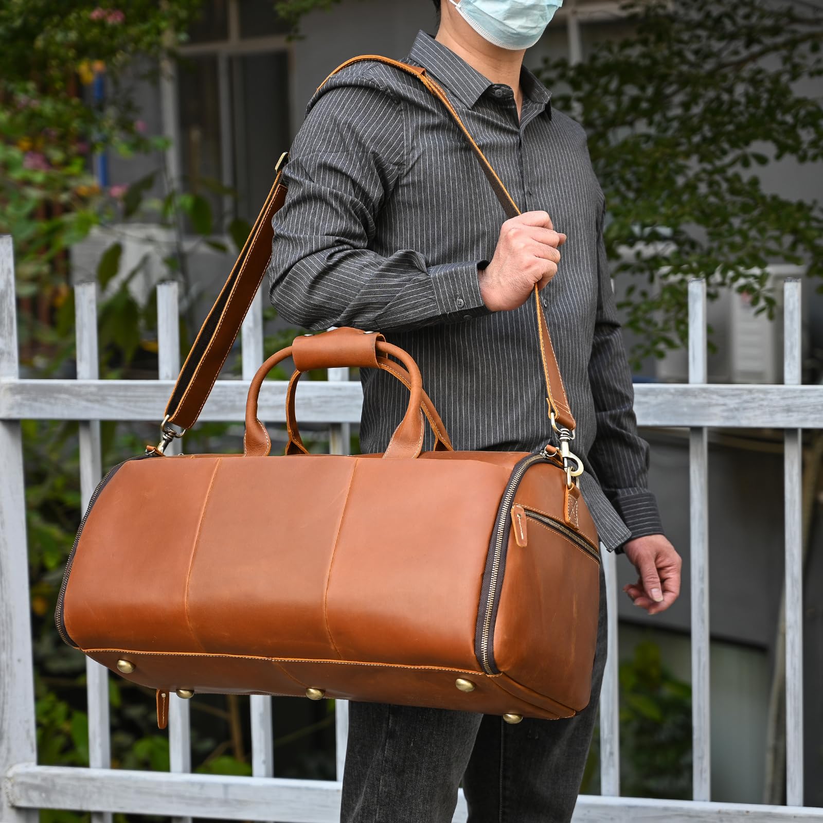 Anzugsack, Reisetasche Herren Echt Leder, Weekender Kleidersack 2 in 1 Garment Bag Mit Schuhfach, Sporttasche für Herren, Hellbraun
