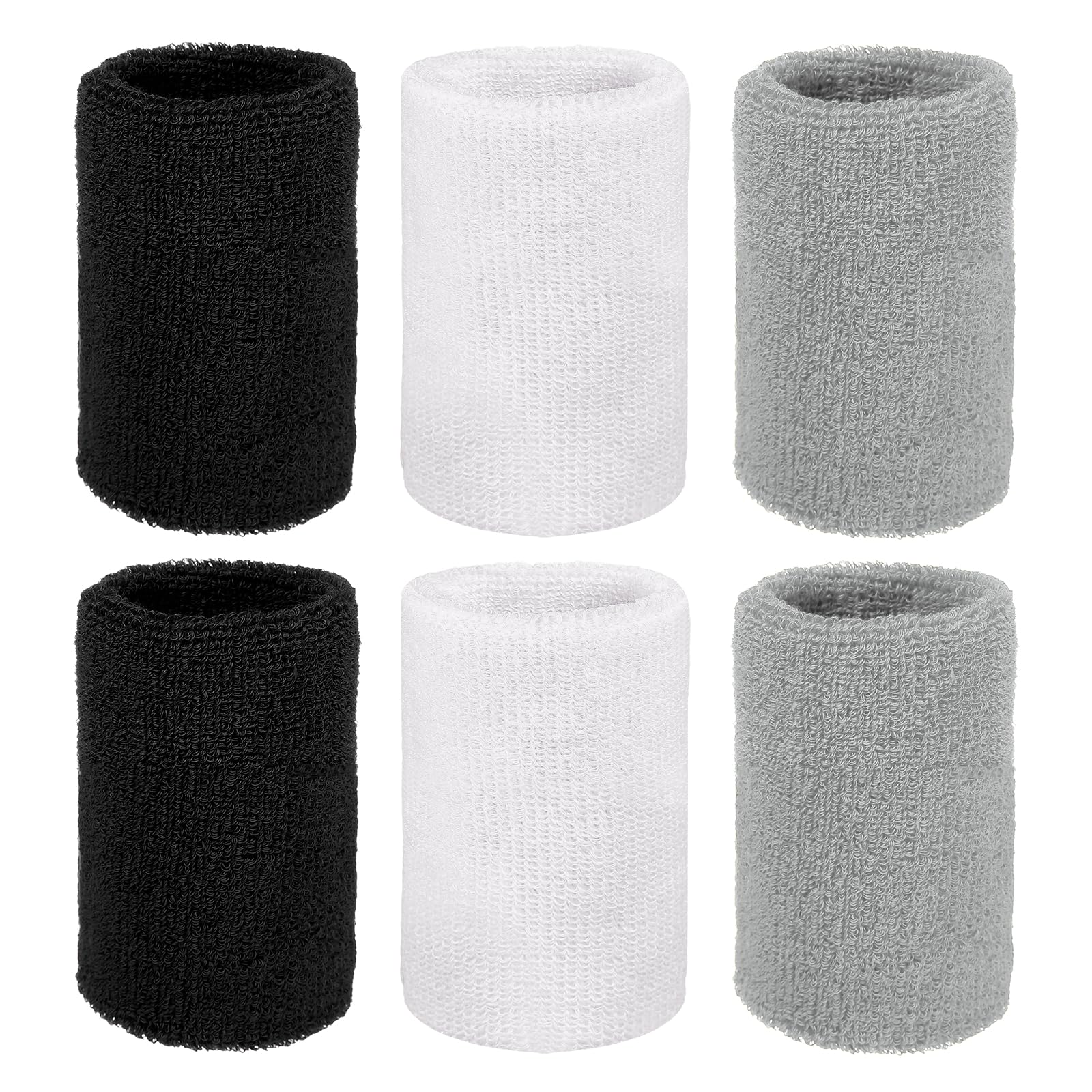 YELARXI Wristbands Sweatbands, Sports Wrist Bands Moisture Wicking Absorbent 3 x 4'' & 6 Pack & Black, White, Gray - Fit For(Tennis/Basketball/Running/Workout/Youth/Men/Women)