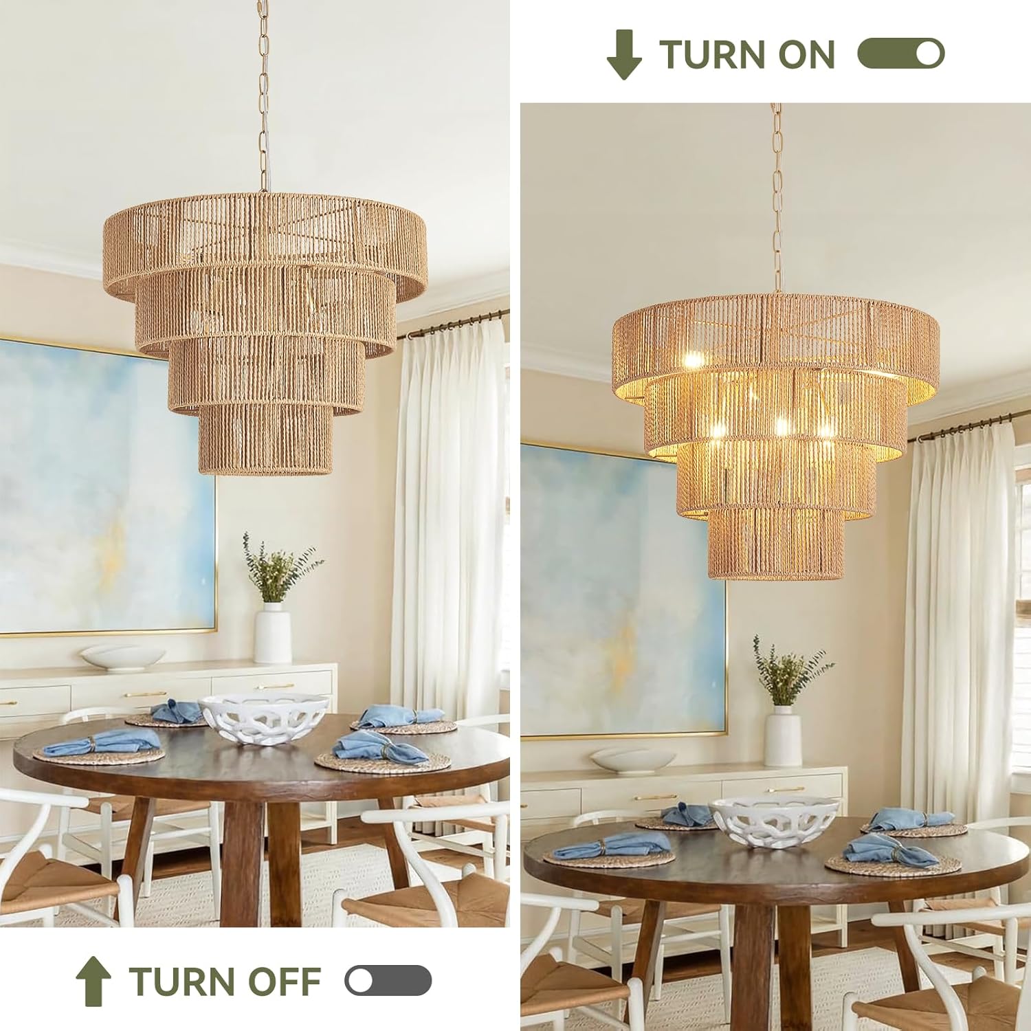 19.7” Boho Rattan Chandelier 6-Lights Hand-Woven Rattan Dining Room Light Fixture Vintage Farmhouse Chandelier Wicker Rustic Hanging Ceiling Pendant Light for Kitchen Island, Bedroom