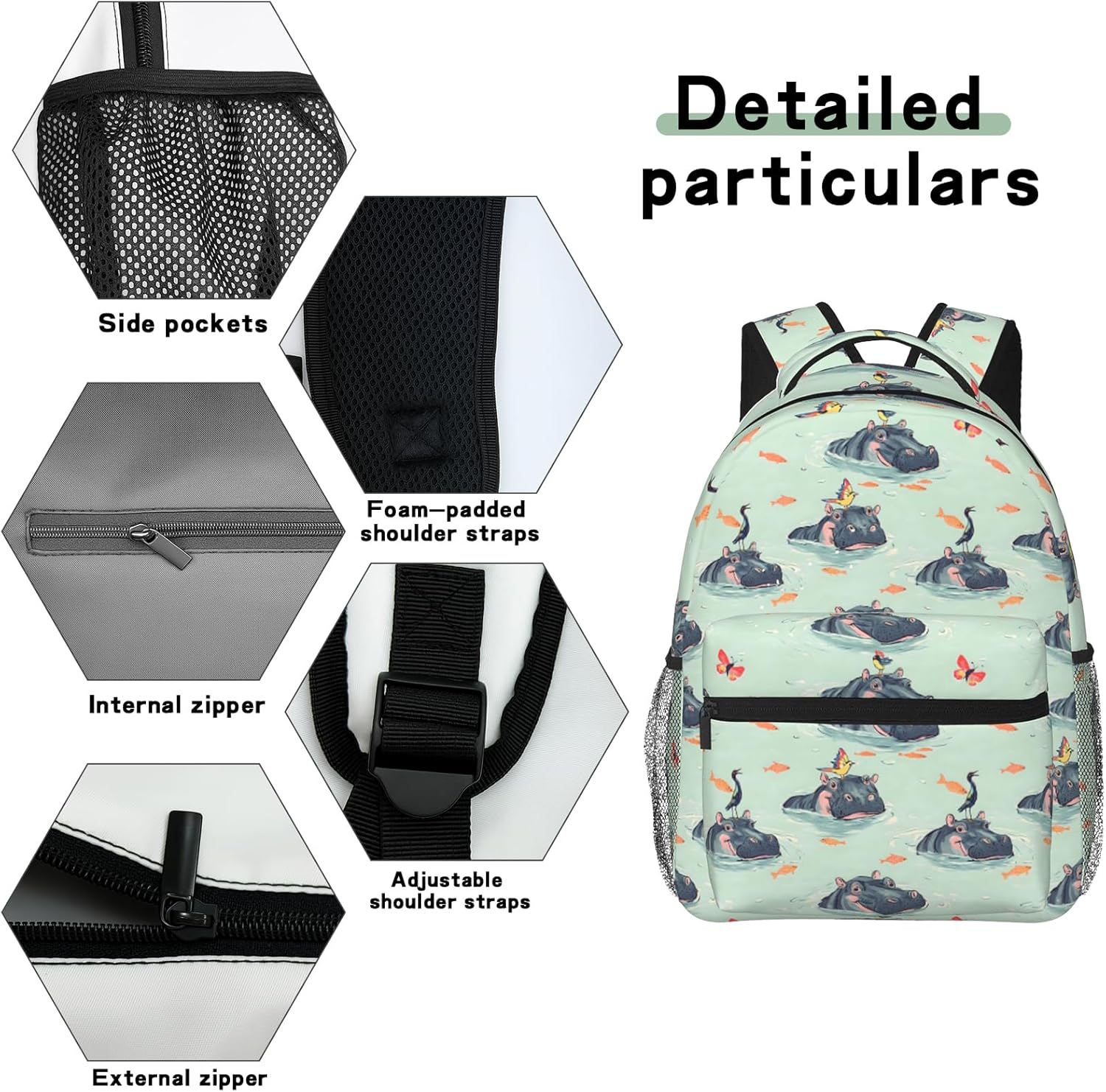 Cute Hippo Casual Backpack, Lightweight Laptop Bag Daypack, Butterfly and Bird Aqua Blue Backpacks for Women Men Teens Students, Whimsical Polyester Bookbag Gifts for School Work Travel Hiking - Image 5