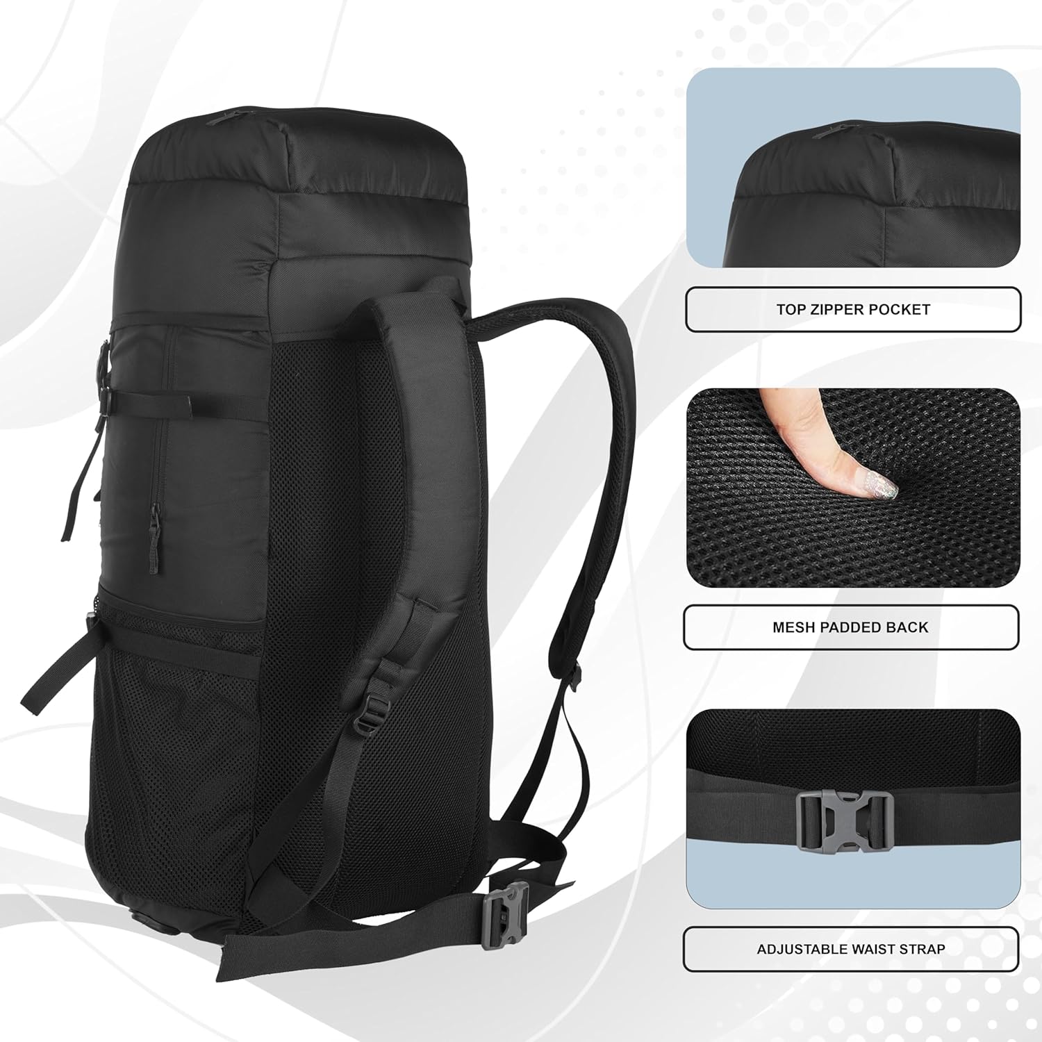 50L Travel Backpack for Hiking Trekking Camping, Rucksack with Rain Cover and Laptop Compartment - MTL03, BLACK, XL, Modern