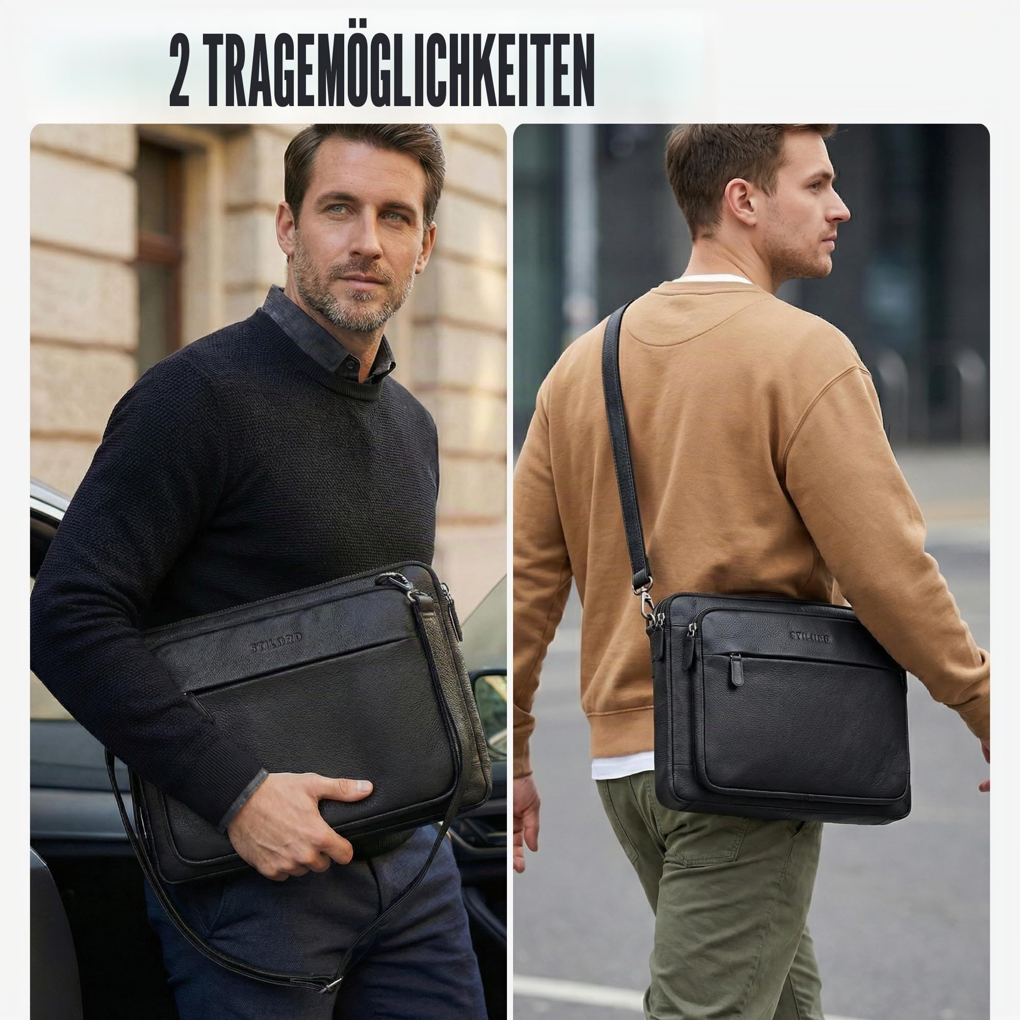 STILORD Clarity Schmale Laptophülle 15 15.6 16 Zoll Leder Herren Laptop-Tasche Gepolstert Wasserabweisend | Abnehmbarer Schultergurt Notebook Hülle Arbeit & Business Uni Echtleder Farbe:schwarz