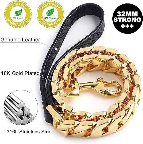Miniatura 4 de txprodogchains - Correa grande a prueba de mordidas para perros grandes, correa de cadena dorada de 1.28 pulgadas de grosor con mango acolchado de