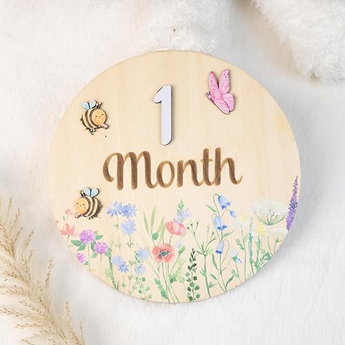 Miniatura 40 de Tarjetas de hitos mensuales para bebés, discos de hitos mensuales de madera, accesorios de fotografía para recién nacidos para documentar el Disco