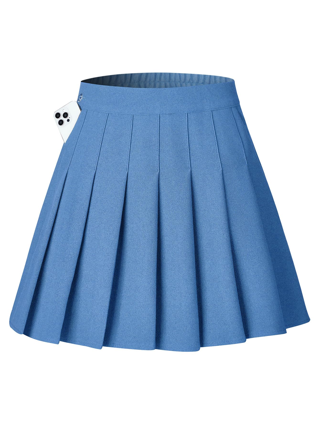 Shestellar Stretchy Short Pleated Skirts for Women Cheerleader Uniform High Waist A-line Mini Skirt with Pockets Denim Blue S