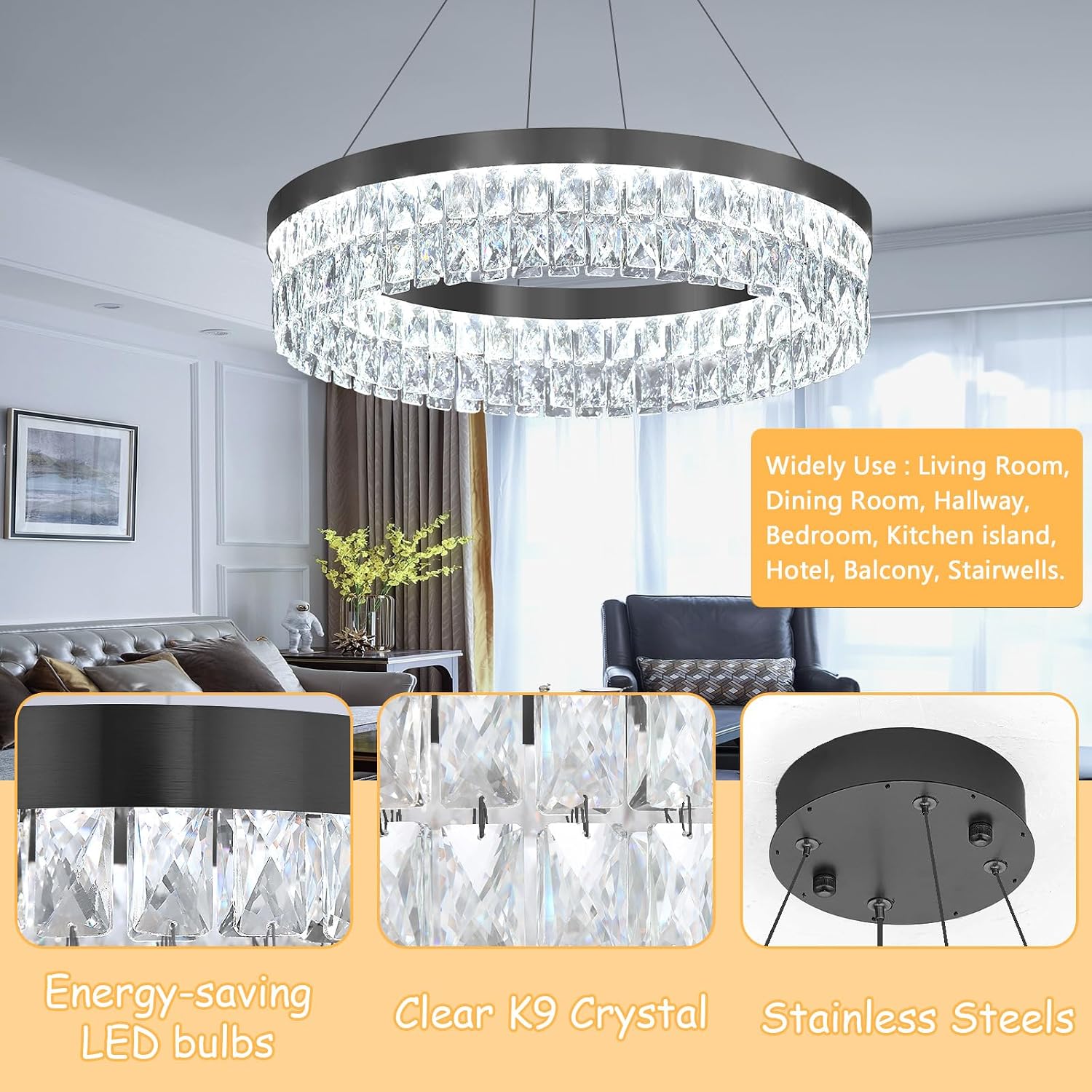 Modern Round Crystal Chandelier for Dining Room Remote Dimmable LED Crystal Pendant Light 35W Adjustable Lighting Fixture for Kitchen Island Living Room Black