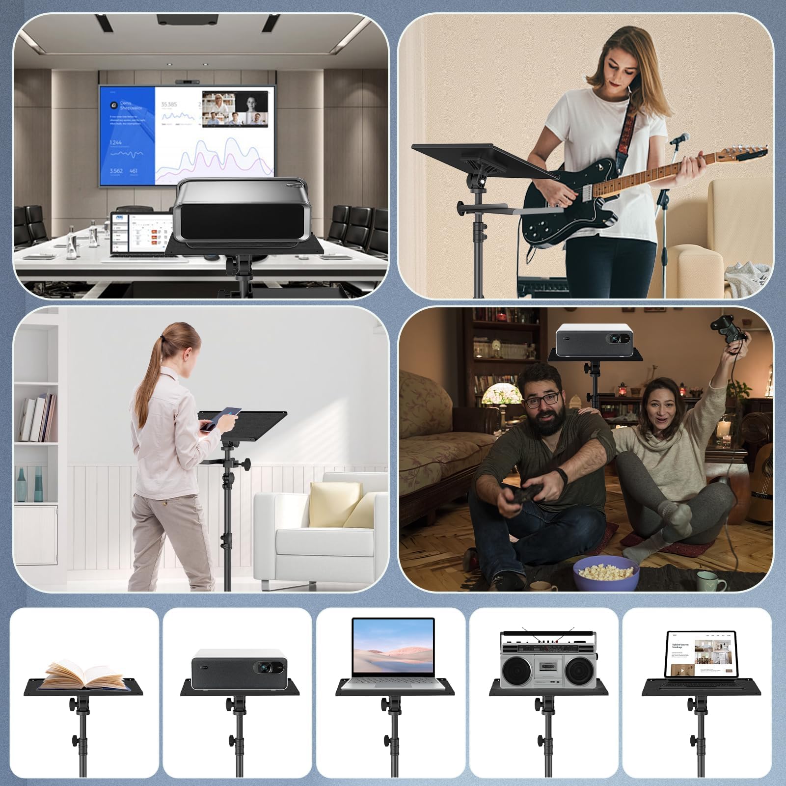 Supporto per Proiettore Treppiede 66-24cm per Laptop su Ruote con 2 Ripiani | Supporto Portatile per Podio, Supporto per Telefono a Collo di Cigno, Ufficio