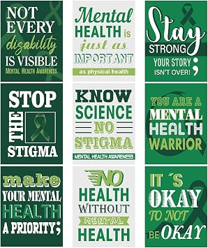 9 Pcs 17 x 22 Large Green Mental Health Awareness Posters for Classroom Decoration Items Psychology Educational Therapy Bulletin Board Wall Mental Health Ribbon Decor for School Office Supply
