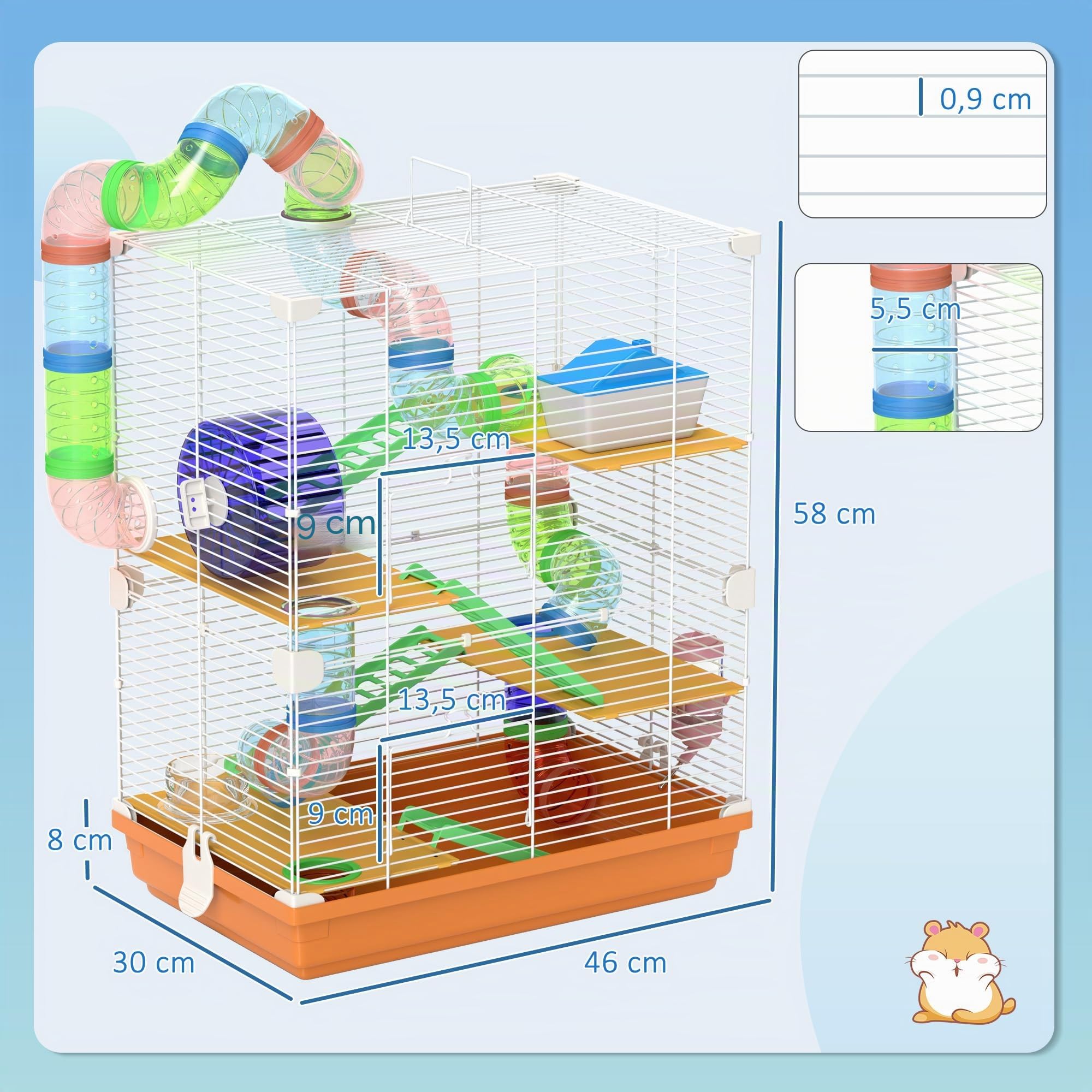 PawHut Käfig für Hamster, Nagetiere, 4 Etagen, mit Tunneln, Futternapf, Laufrad, Haus, Leitern, Maße: 46L x 30B x 58H cm, Orange