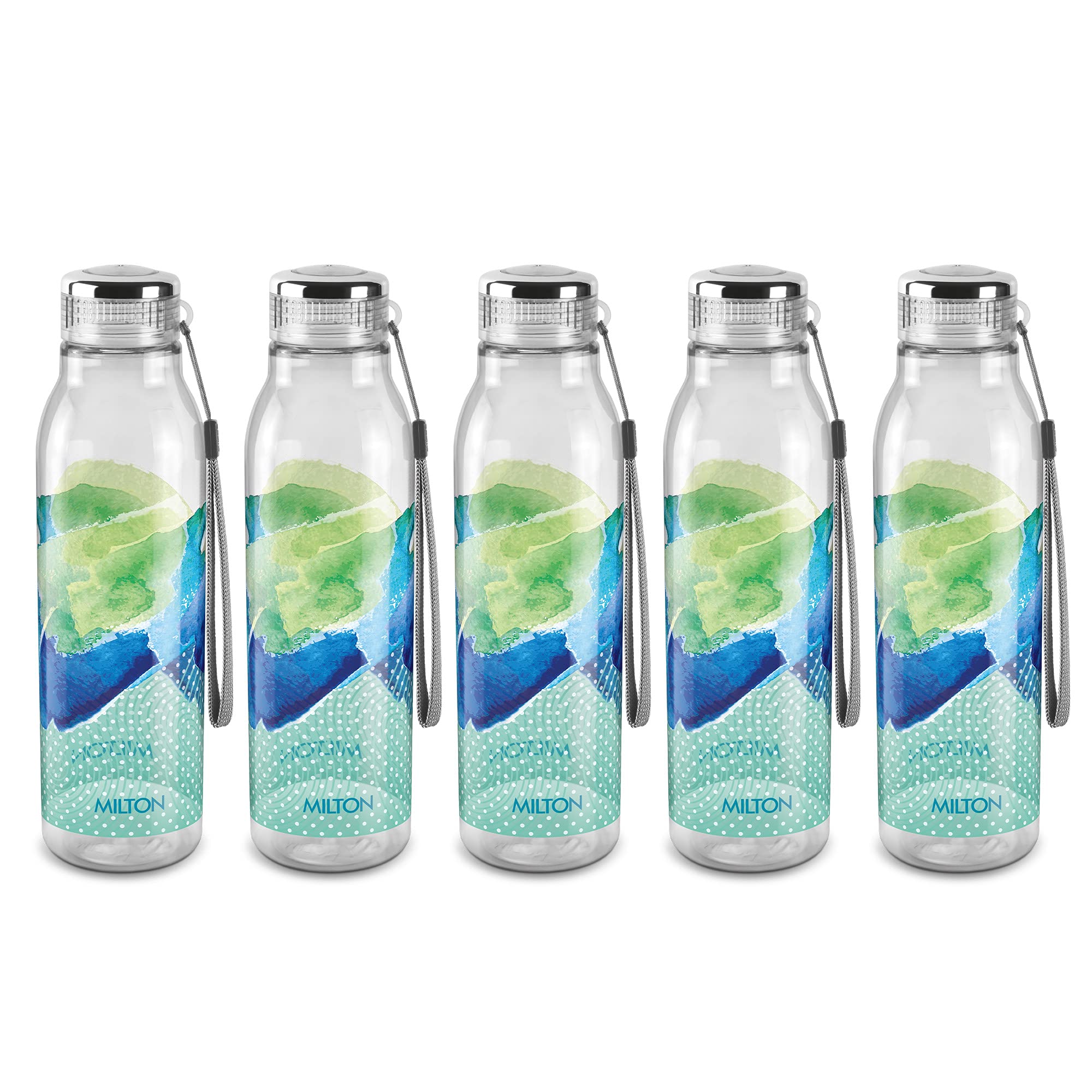 MILTON Helix 1000 Pet Water Bottles, Set of 5, 1 Litre Each, Green, Reusable Plastic Fridge Bottle, BPA Free and Leak Proof Bottles for Travel, Work