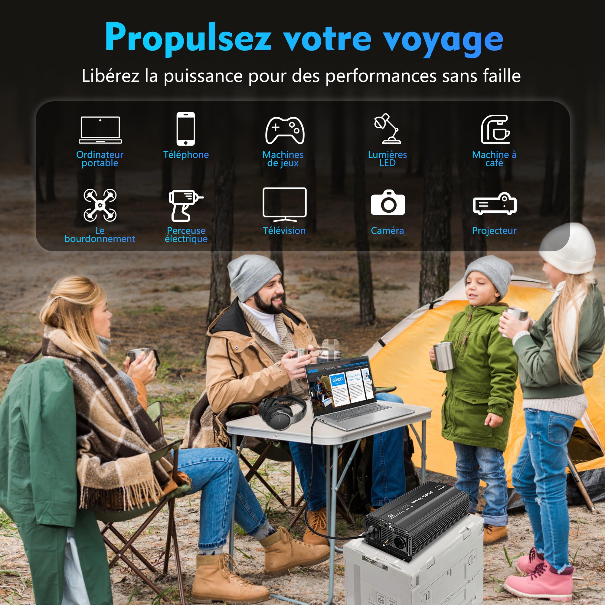 GIANDEL 2000W Convertisseur 12V 220V Onduleur à Onde Modifiée Transformateur Compatible Lithium-Batteries, avec Télécommande pour Voiture, Caravane, Bateau, Camping, Voyage - Version Noire