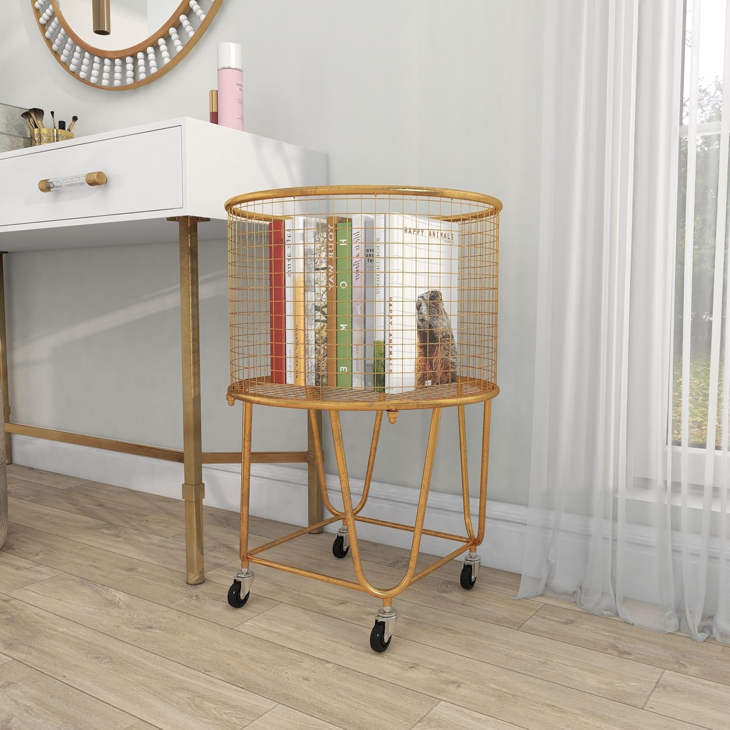 Gold Iron Rolling Mesh Laundry Basket Storage Cart