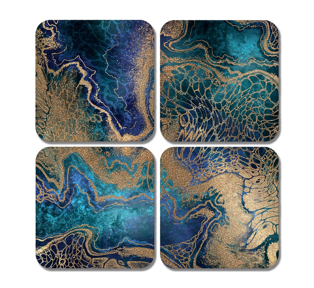 4 x Square Marble Effect Coasters - Blue Gold Agate Art Deco Jigsaw Gift #78309