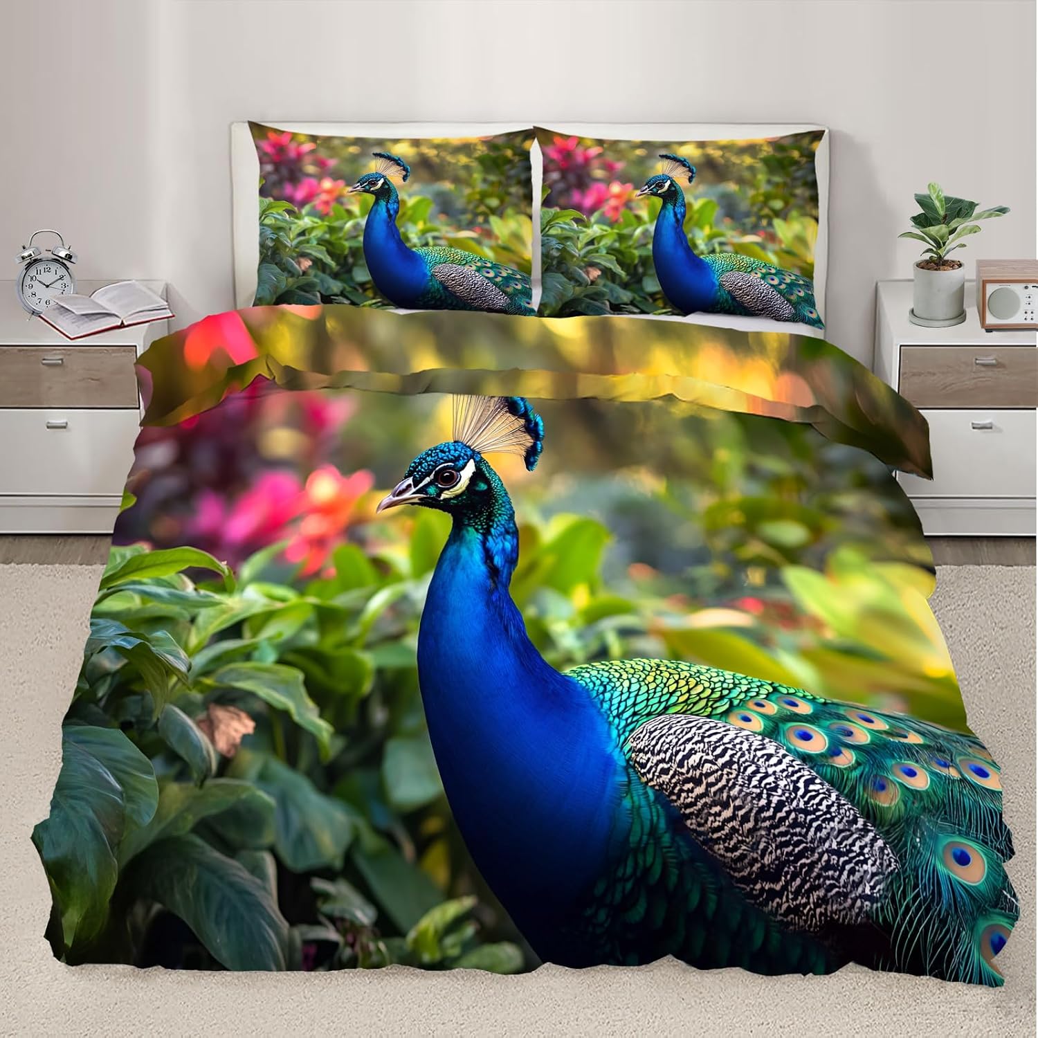 Peacock Duvet Cover, Animal Print Bedding Set Cover for Kids Boys Girls Teens, Reversible Floral Duvet Cover with Zipper Closure and 2 Pillow Shams, Twin Size 68"x90"