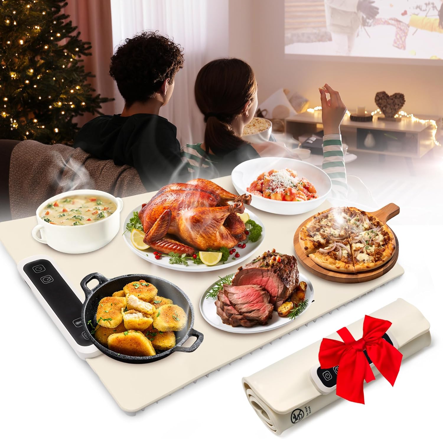 Electric Warming Tray - Portable Silicone Heating Mat for Food, Full Surface Heating with 5 Temperature Setting. Ivory