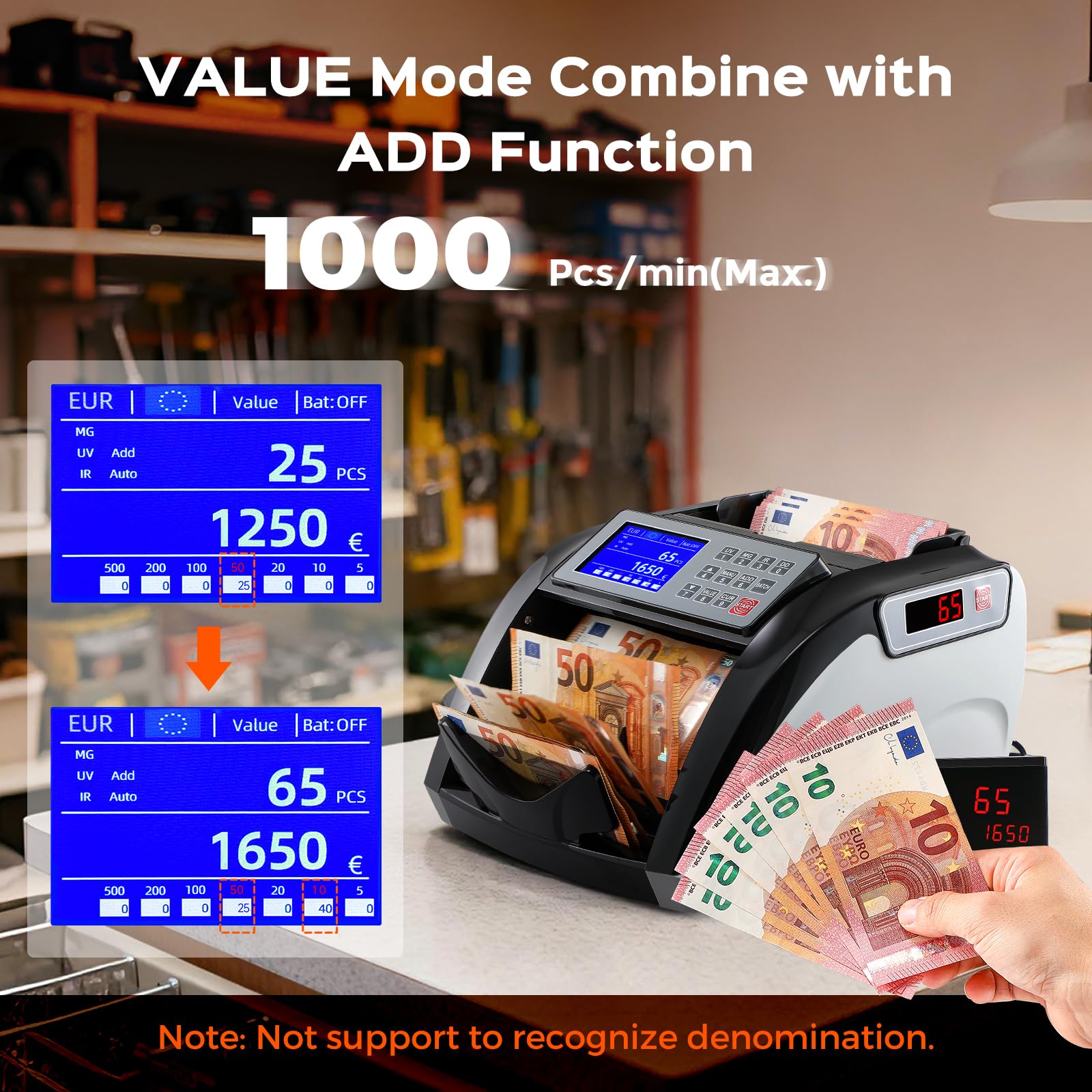 Bonvoisin Geldzählmaschine, Wertzähler für Sortierte Banknoten, Banknotenzähler mit UV/IR/MG-Falschgelderkennung, 1000 Stück/min, Geldzähler mit Touchscreen (Mischbeträge nicht Zählbar)
