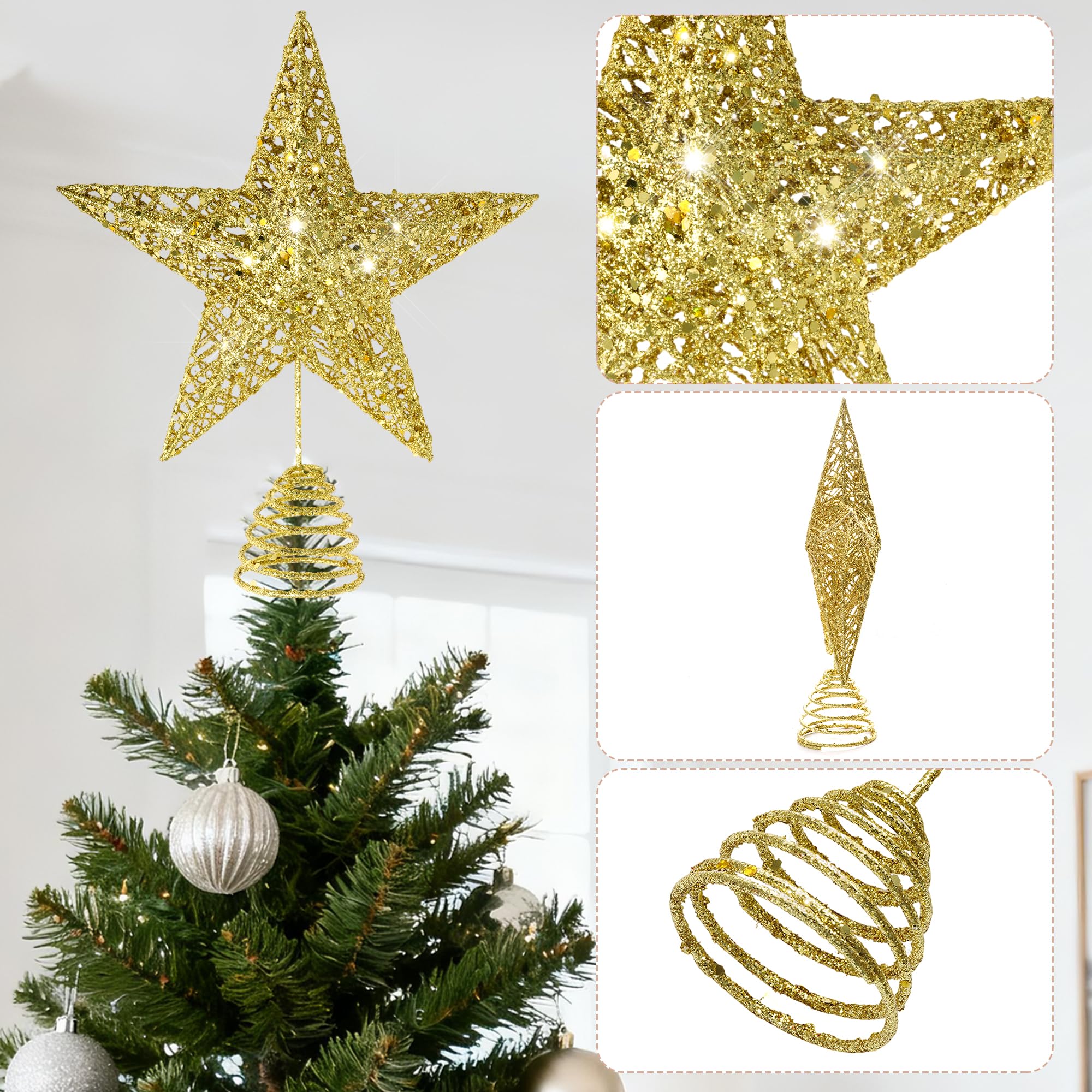 Glitzernde Weihnachtsbaumspitze, hohler Draht, Stern, Weihnachtsbaumspitze, Ornament (Gold)