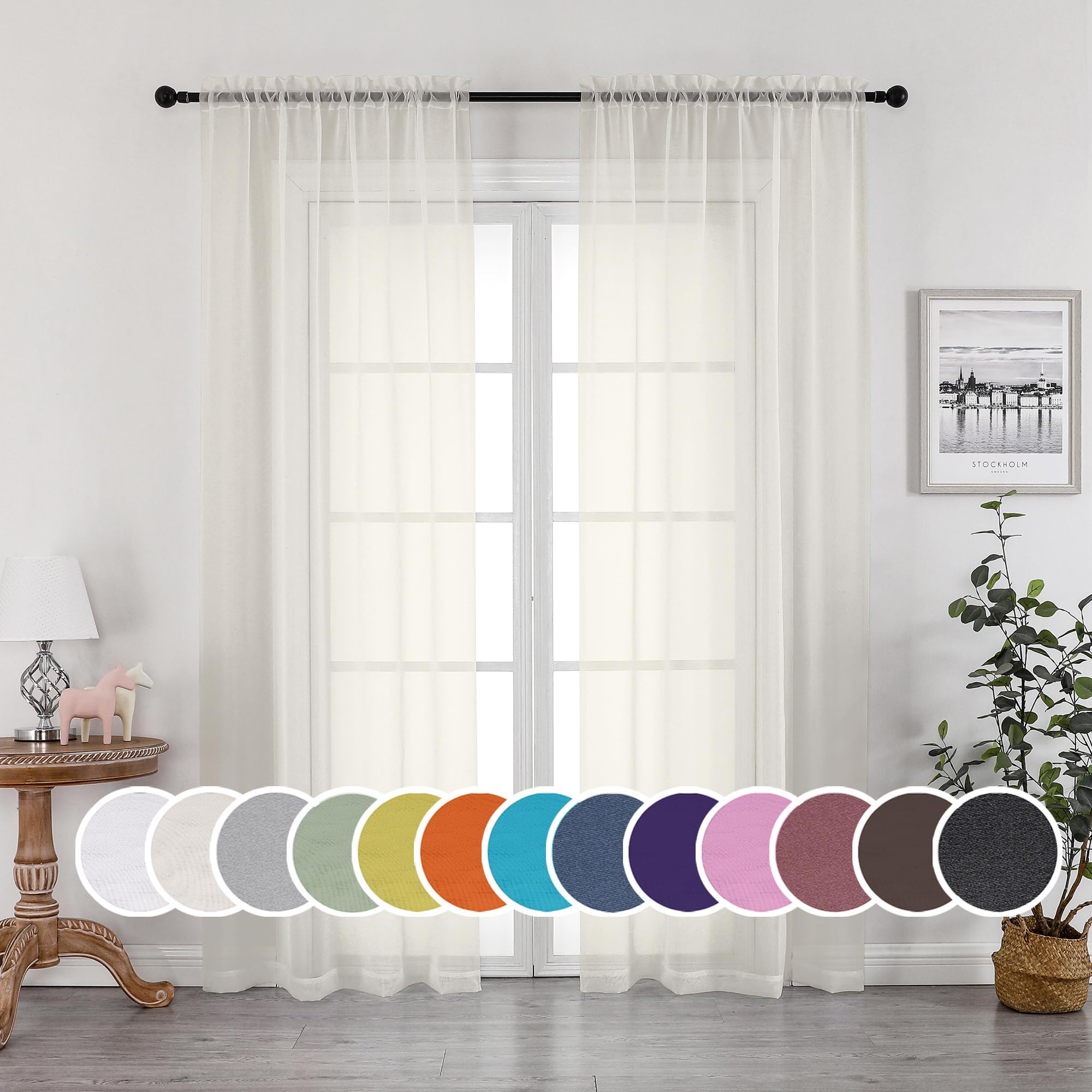 OWENIE Sheer Curtains 63 inch Length, Ivory Sheer Cutains 2 Panels Set for Bedroom/Living Room, Rod Pocket Voile Fimly Sheer Drapes, 2pcs, Each 42" W x 63" L