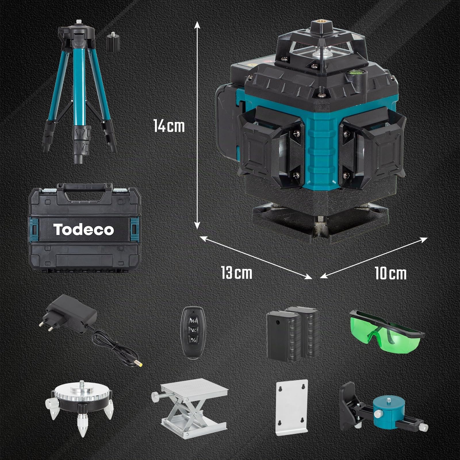Todeco Laser Chantier Niveau Laser 4 x 360° 4D 16 Lignes Auto-Nivelant | Mode Impulsion ExtéRieur, avec 2 x 3000mAh Batterie & Affichage LED, Télécommande et Trépied, Étanche et Anti-Poussière