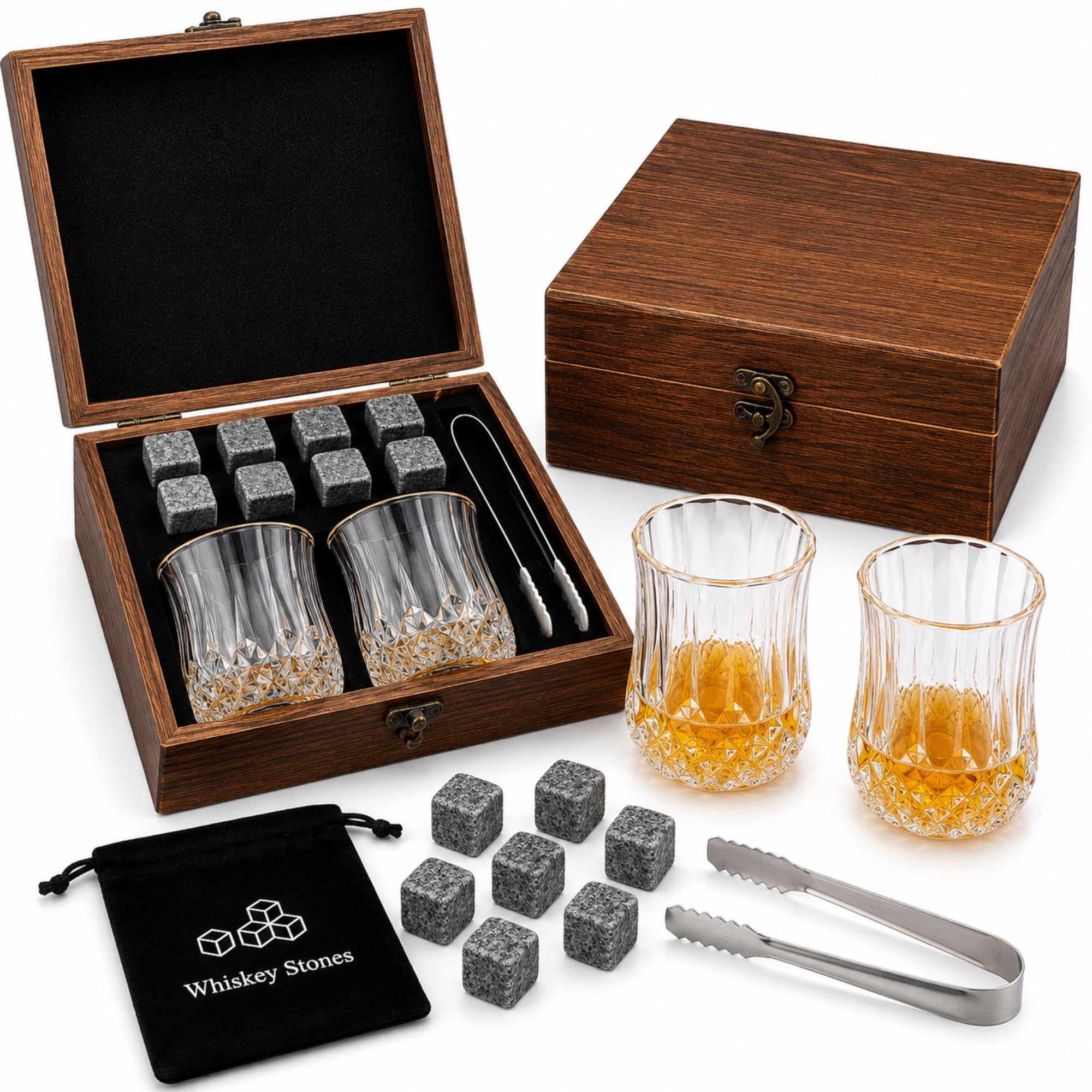 Whiskey Glass Rum Tumblers Gifts Whisky Set with 2 Glass, 8 Whiskey Stones, Accessories Christmas Valentines Fathers Day Birthday Santa for Men Dad Him Grandad Teacher Boyfriend (GIFT SET 3)