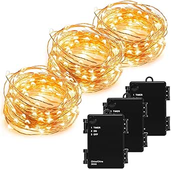 KOHREE Fairy Lights Battery, 3 x 10 m 100 LED Fairy Lights Outdoor &amp; Indoor with Timer, 33 ft Copper Wire LED Fairy Lights, Warm White, Waterproof for Balcony, Garden Decoration, Trees, Patio,