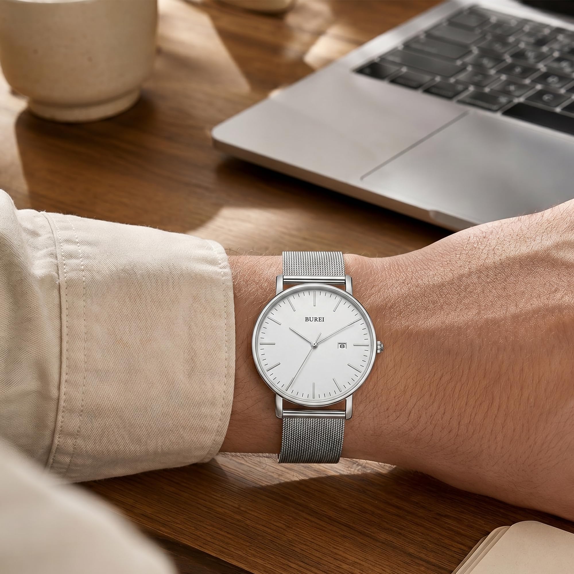 Burei - Reloj de Pulsera analógico Minimalista para Hombre, con Fecha Gris y Banda de Malla milanesa Negra (Todo Plateado)