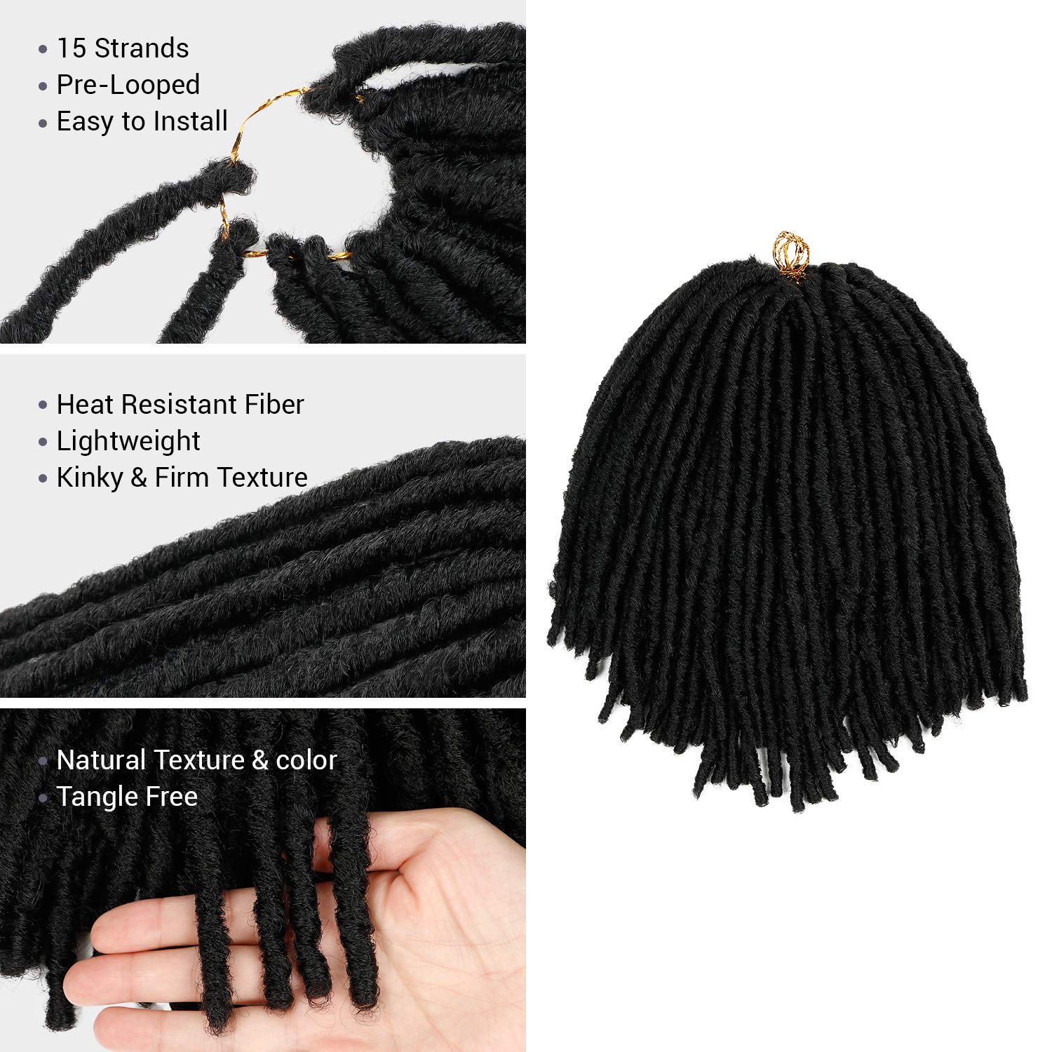 AU-THEN-TIC Faux Locs Straight Crochet Hair,12 Inch, 6 Packs, Pre-Looped Synthetic Extensions for Dreadlock and U-Loc Styles, (1B Off Black)