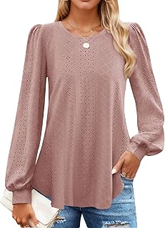 Long Sleeve Eyelet Tops for Women 2025 Spring Fall Crew Neck Shirts Casual Loose Blouse Trend Outfits Clothes