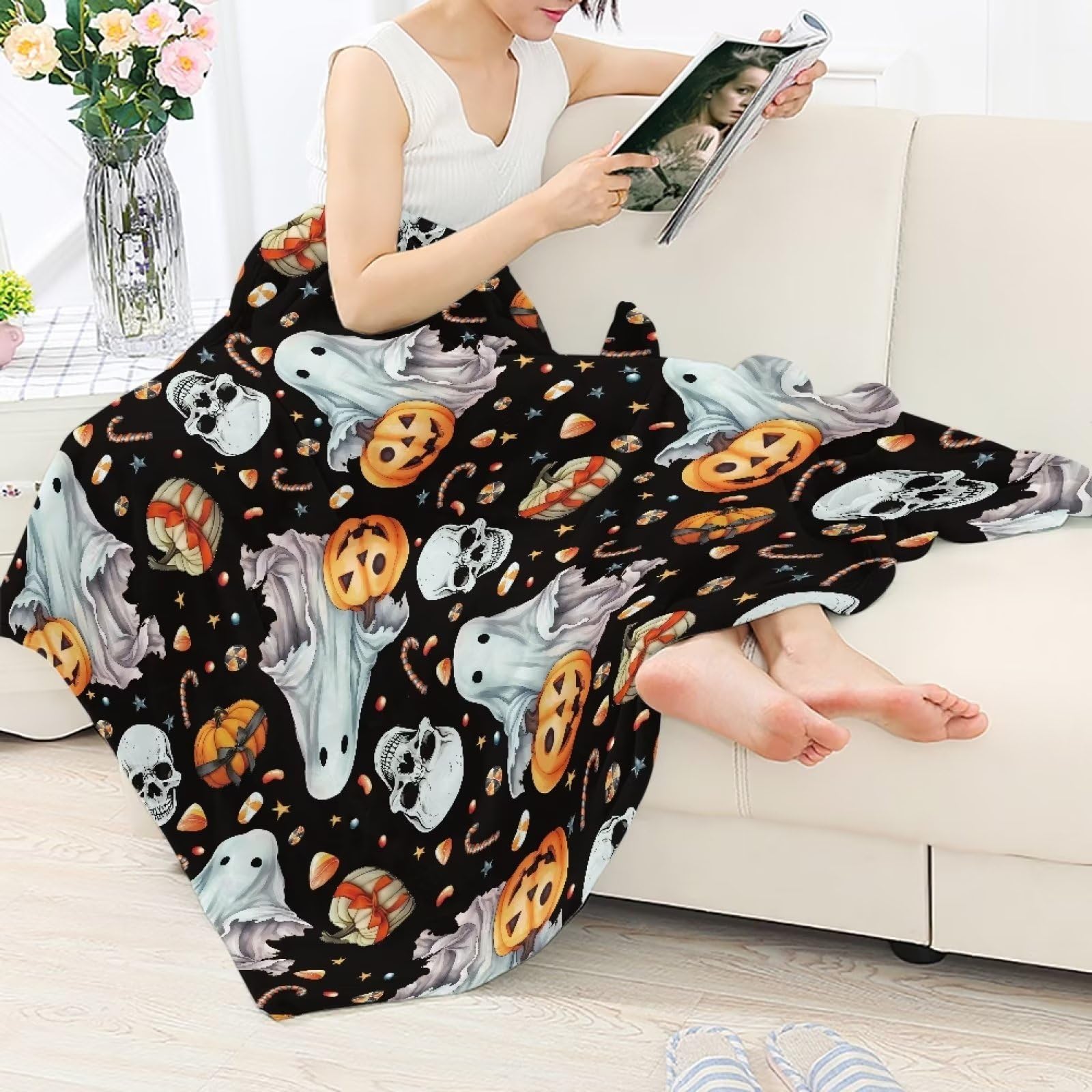 Coperta Flanella Halloween Con Zucca E Teschio – Morbida E Calda (150x100 Cm)