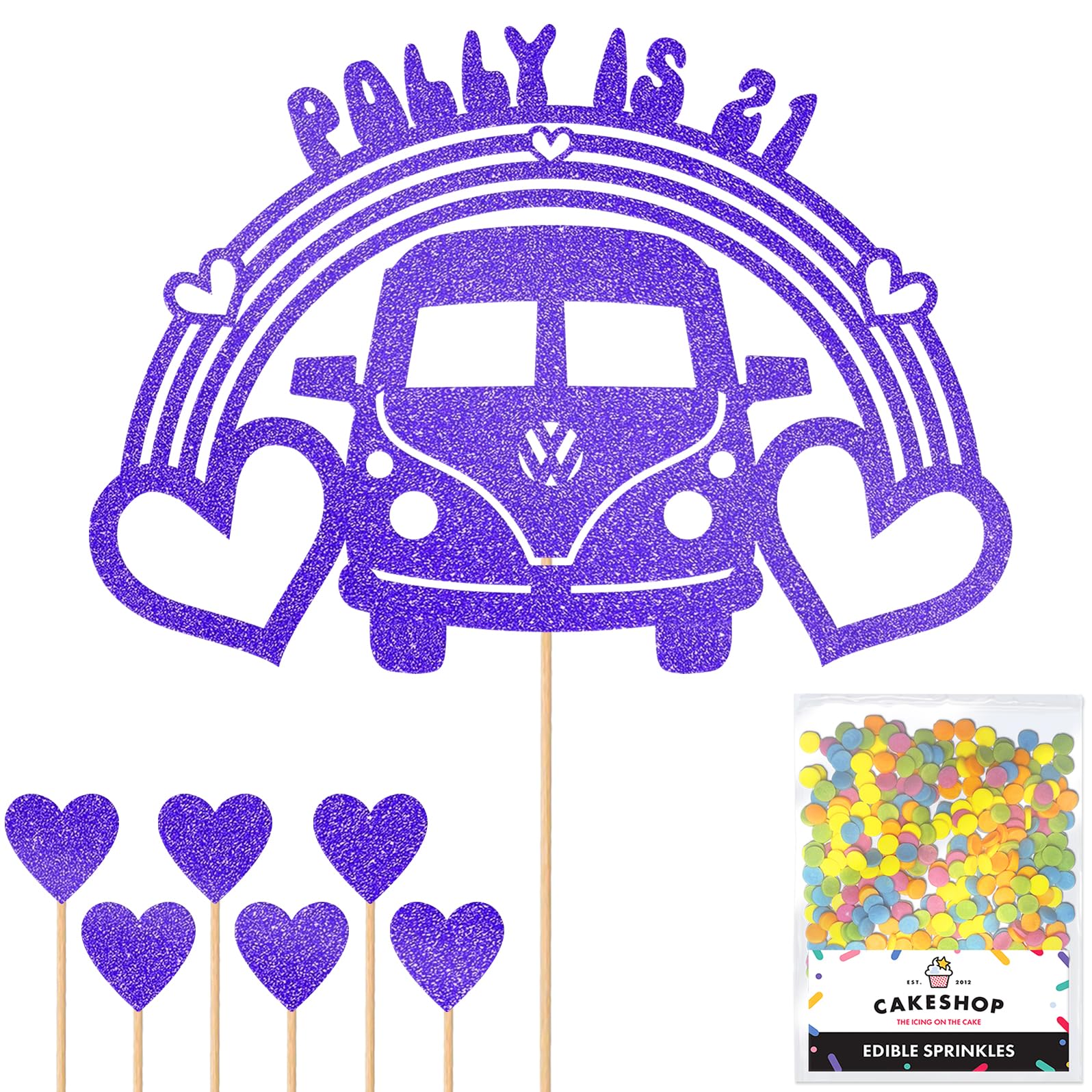 Personalised 60's Camper Van Glitter Cake Topper- Bright Blue Any Custom Age & Name Glitter Cake Decoration and Sprinkles - Happy Birthday Decorations - Personalised Toppers for Cakes by Cakeshop — image 1