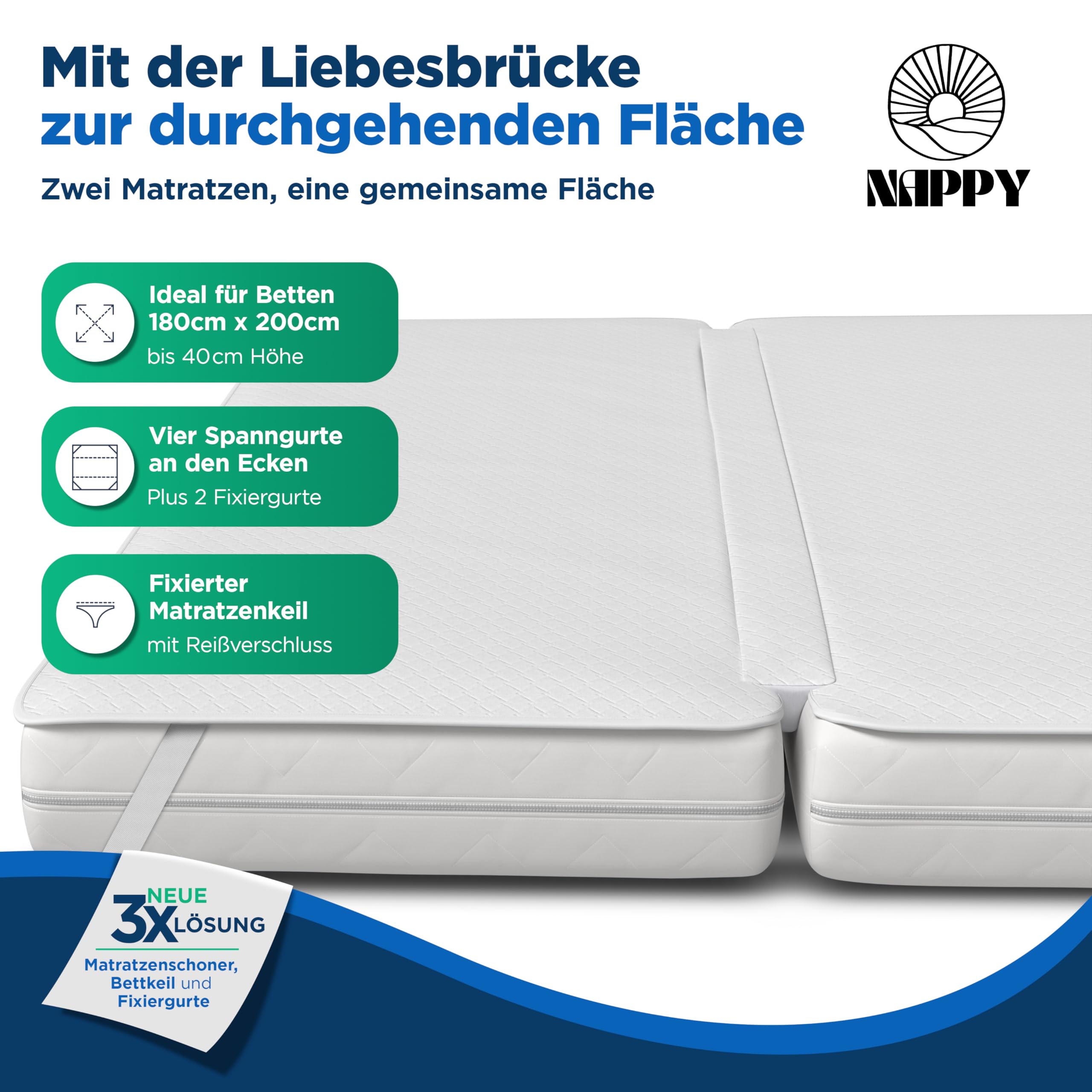 NAPPY Liebesbrücke 180x200cm waschbar | Matratzenkeil mit Matratzenverbinder wasserdicht für Paare und Eltern | Ritzenfüller für Matratzen gegen Verrutschen | Kombination mit Bettkeil (180cm x 200cm)
