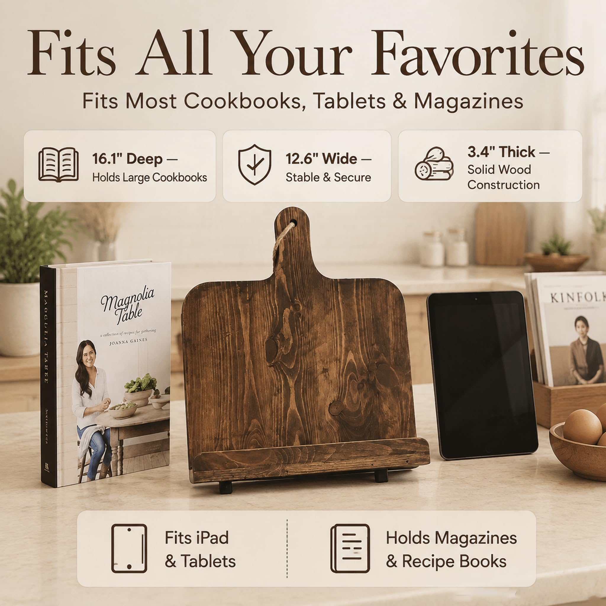 Supporto per libri di cucina in legno massello, 40,6 cm, adatto per iPad e