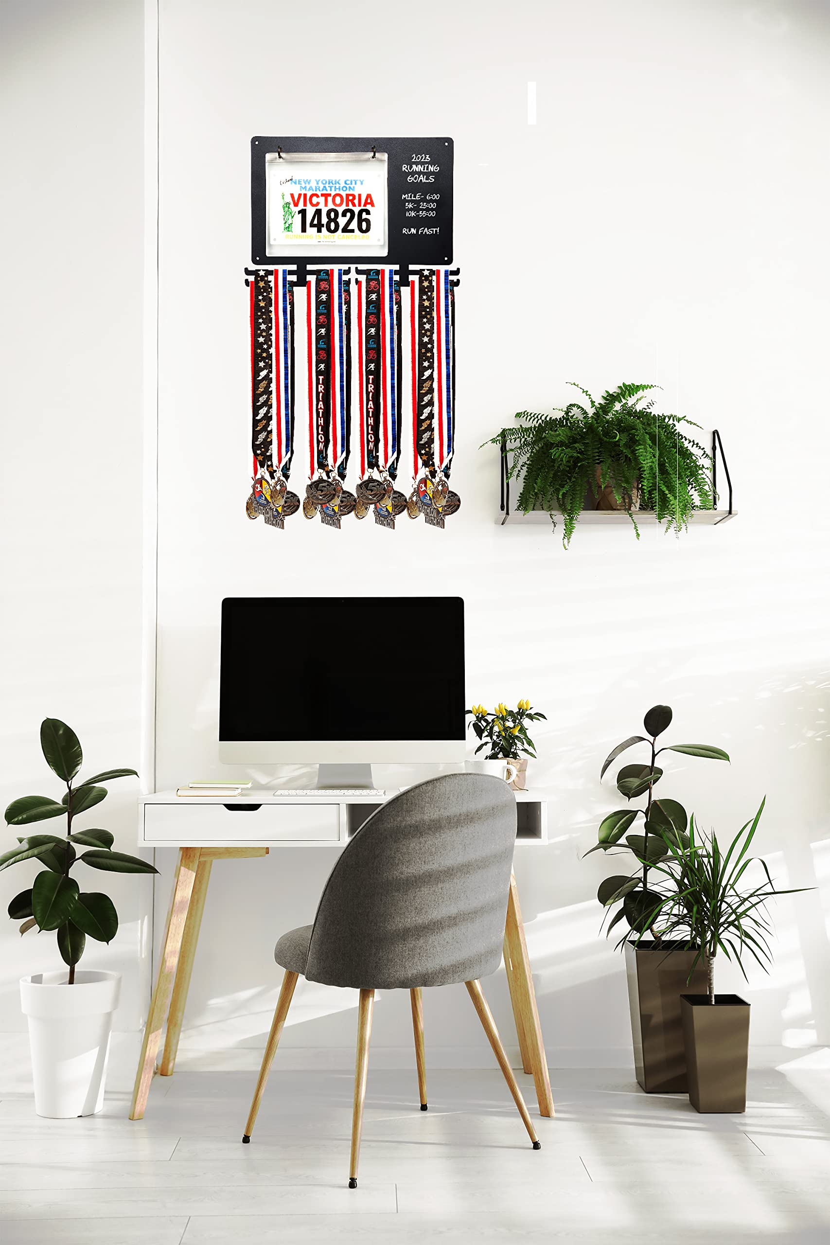 MedalAwardsRack Race Bib and Medal Display for Track, Marathons, Triathlons, Races, and More - Holds up to 28 Medal and 20 Race Bib
