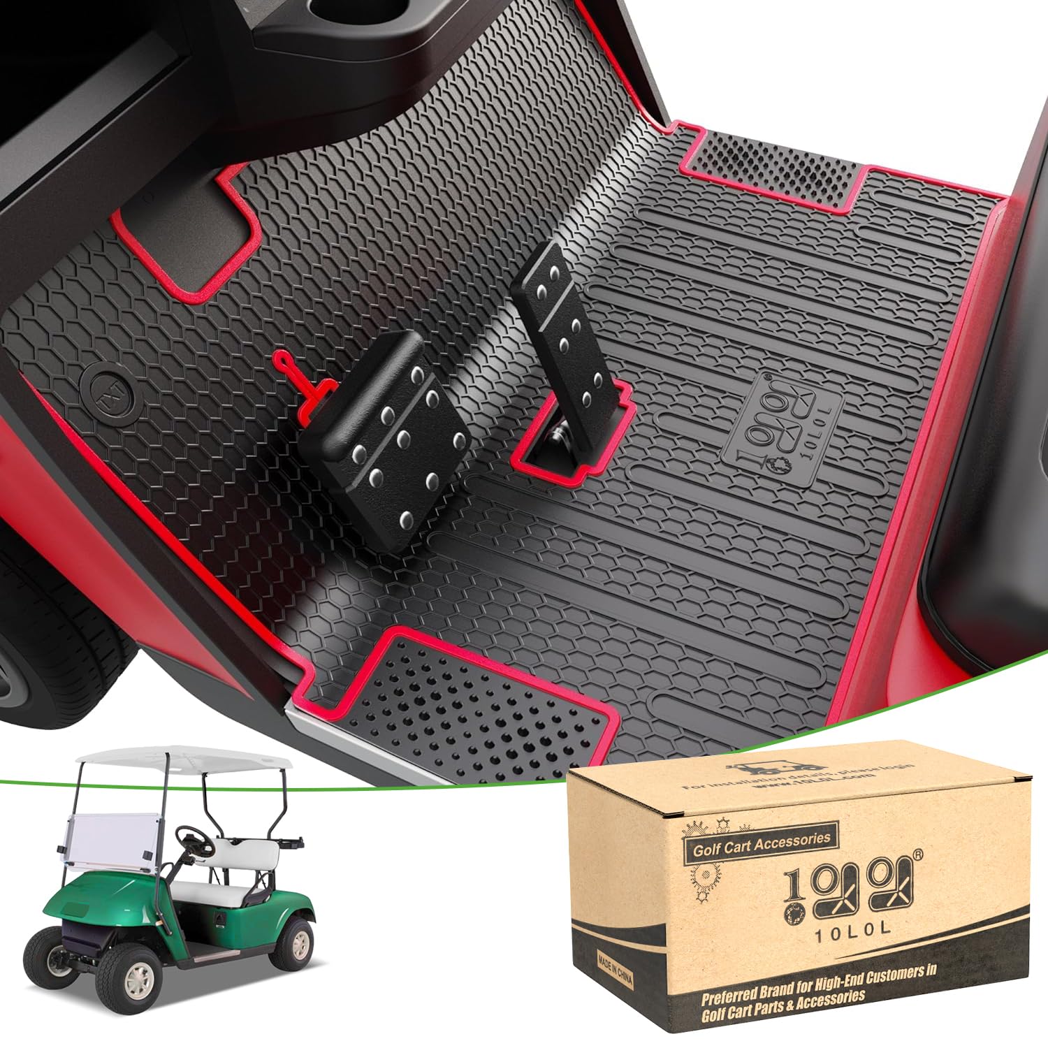View 1 of 10L0L Golf Cart Floor Mat for EZGO TXT 1994-up, Non-Slip Full Coverage Liner Floormat Replacement with 10mm Thick Rubber, Grass-Scraping Design, Honeycomb Pattern - Black - Red Trim
