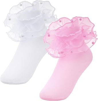 Pistha 2 Pack Girls Ruffle Lace Socks Pearls Frilly Ruffled Socks | 2 Pairs Novelty Dress Socks Fancy School Uniform Ruffle Socks for Toddler Baby Girls Teen Girl Daily and Holiday