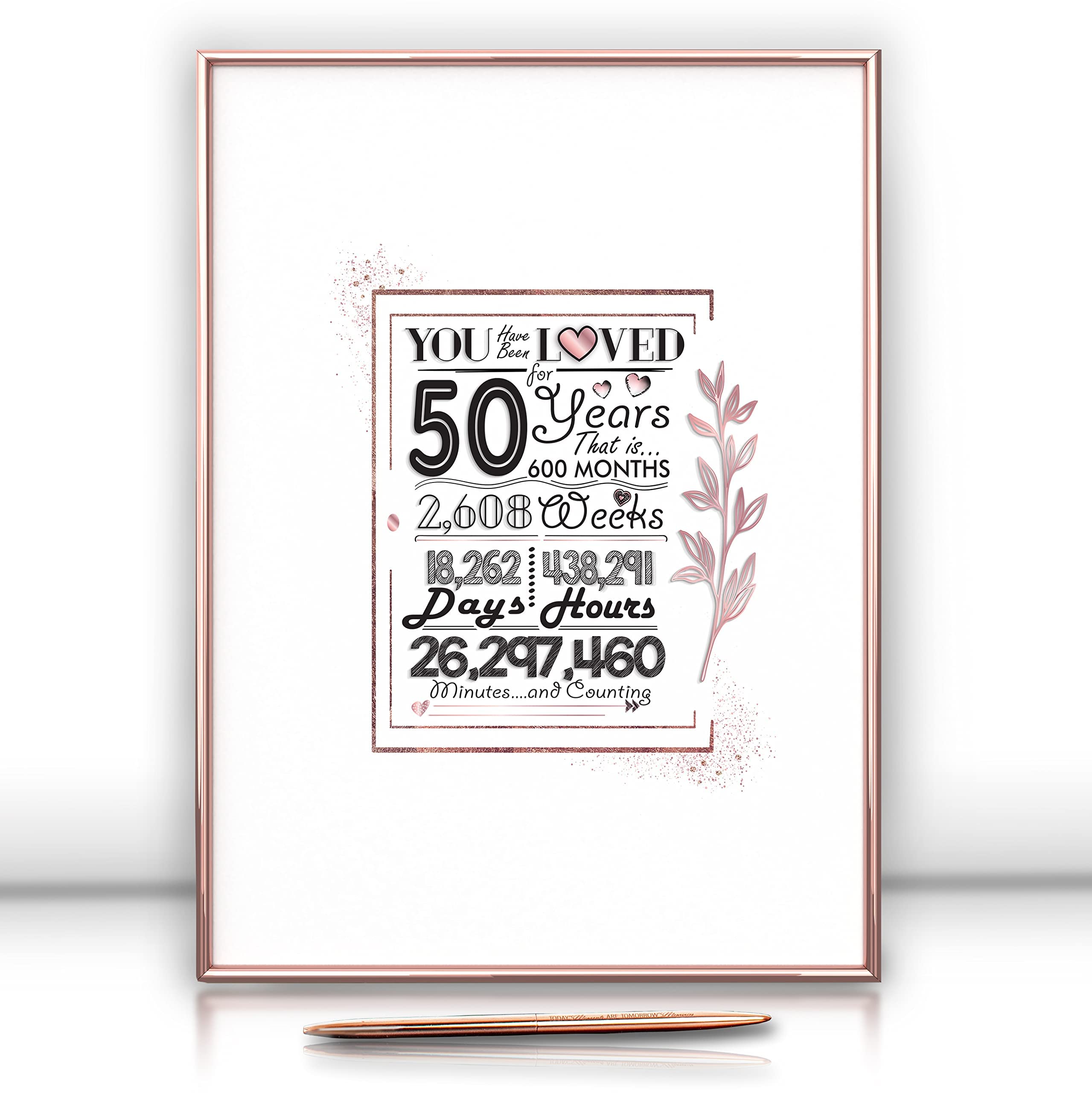 Oprawiona 50. księga gości alternatywa 30 x 40 cm - dekoracje na 50. urodziny dla kobiet - gotowa do powieszenia i postawienia aluminiowa rama w kolorze różowego złota - długopis w zestawie, prezenty