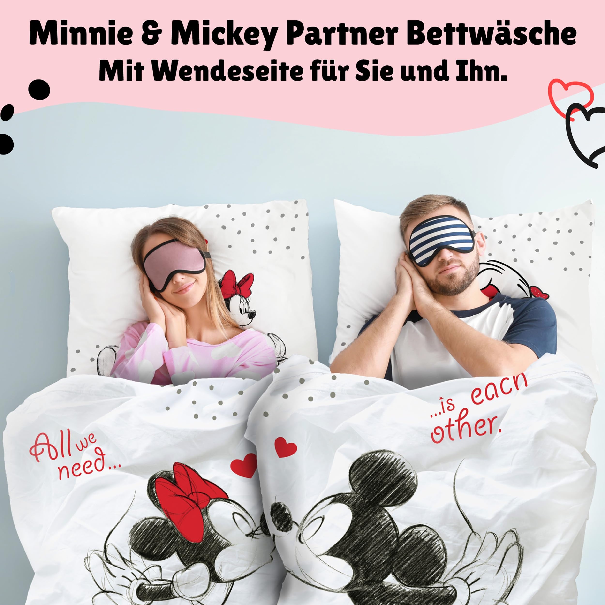 Familando – Mickey & Minnie Partner Bettwäsche-Set (4-teilig) – 2X Decken- & 2X Kissenbezug 135x200 cm & 80x80 cm mit Reißverschluss – 100% Baumwolle Renforcé – Wendemotiv – Öko-TEX Zertifiziert