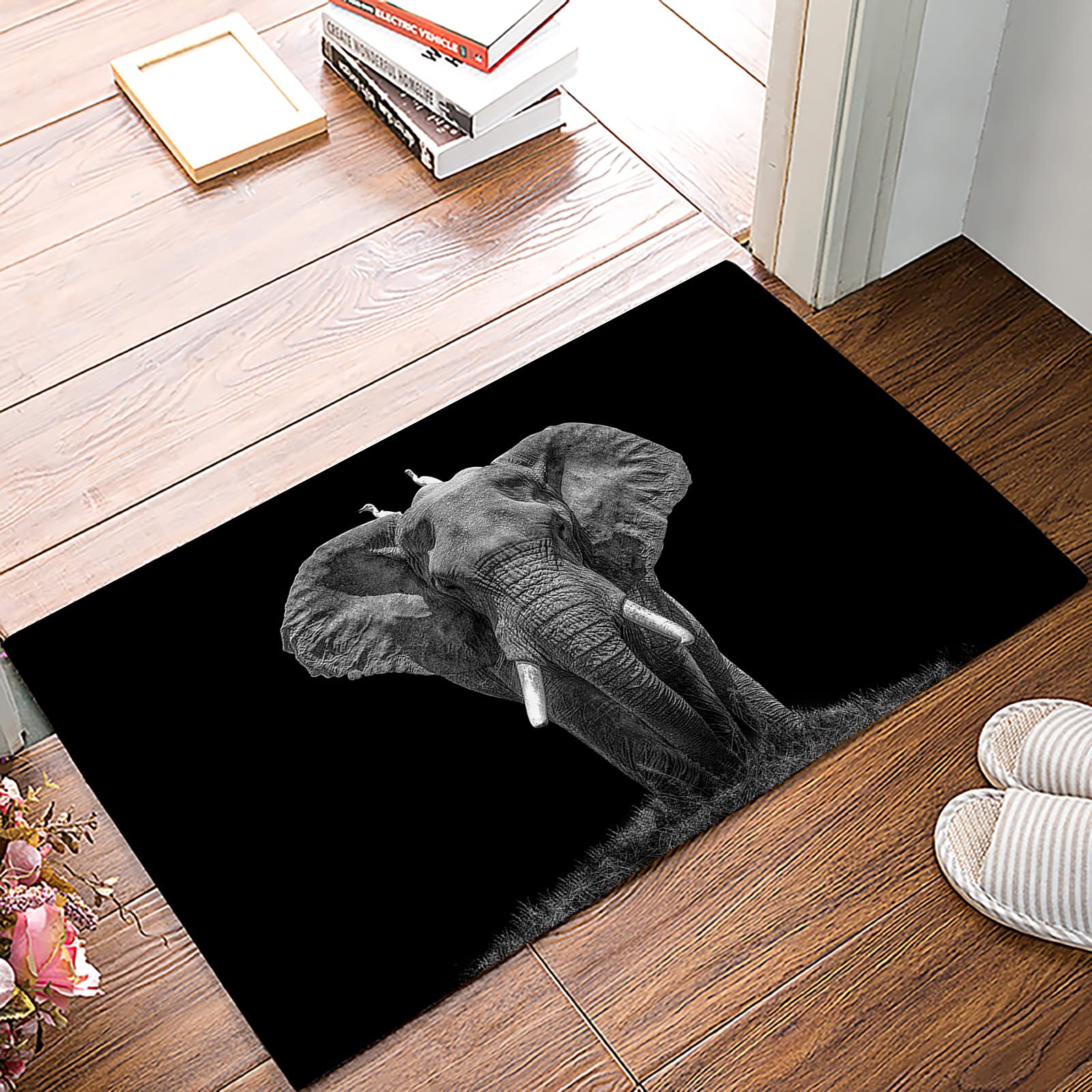 Elephant Black Background, Bathroom Shower Mat Doormat Non Slip,Floor Rug Absorbent Carpets Floor Mat Home Decor for Kitchen Bedroom Rug, 16"X 24"
