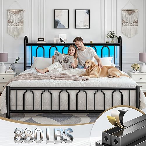Miniatura 3 de Marco de cama tamaño King con plataforma de metal, cabecera victoriana, luz LED, base de colchón resistente con almacenamiento debajo de la cama, no