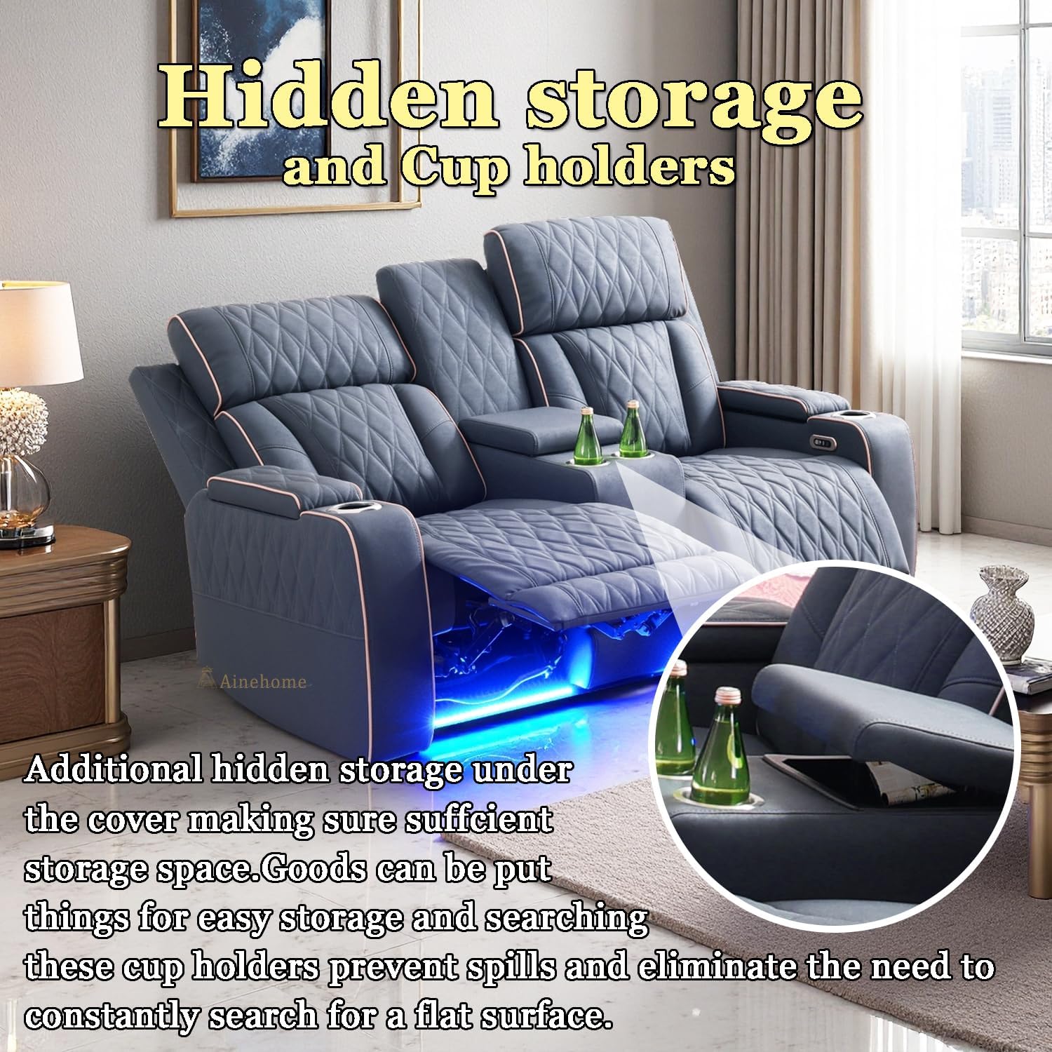 A Ainehome Sanded Leather Power Recliner Sofa Set with LED, 3 Pieces Living Room Furniture Sets, Blue Gray Reclining Sofa Sectional Couches for Living Room with USB Port/Storage Console/Cup Holders